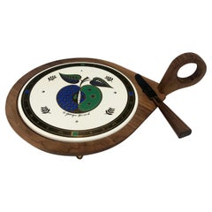 Vintage Georges Briard Mid-Century Modern Walnut & Enamel Cheese Board with Knife
