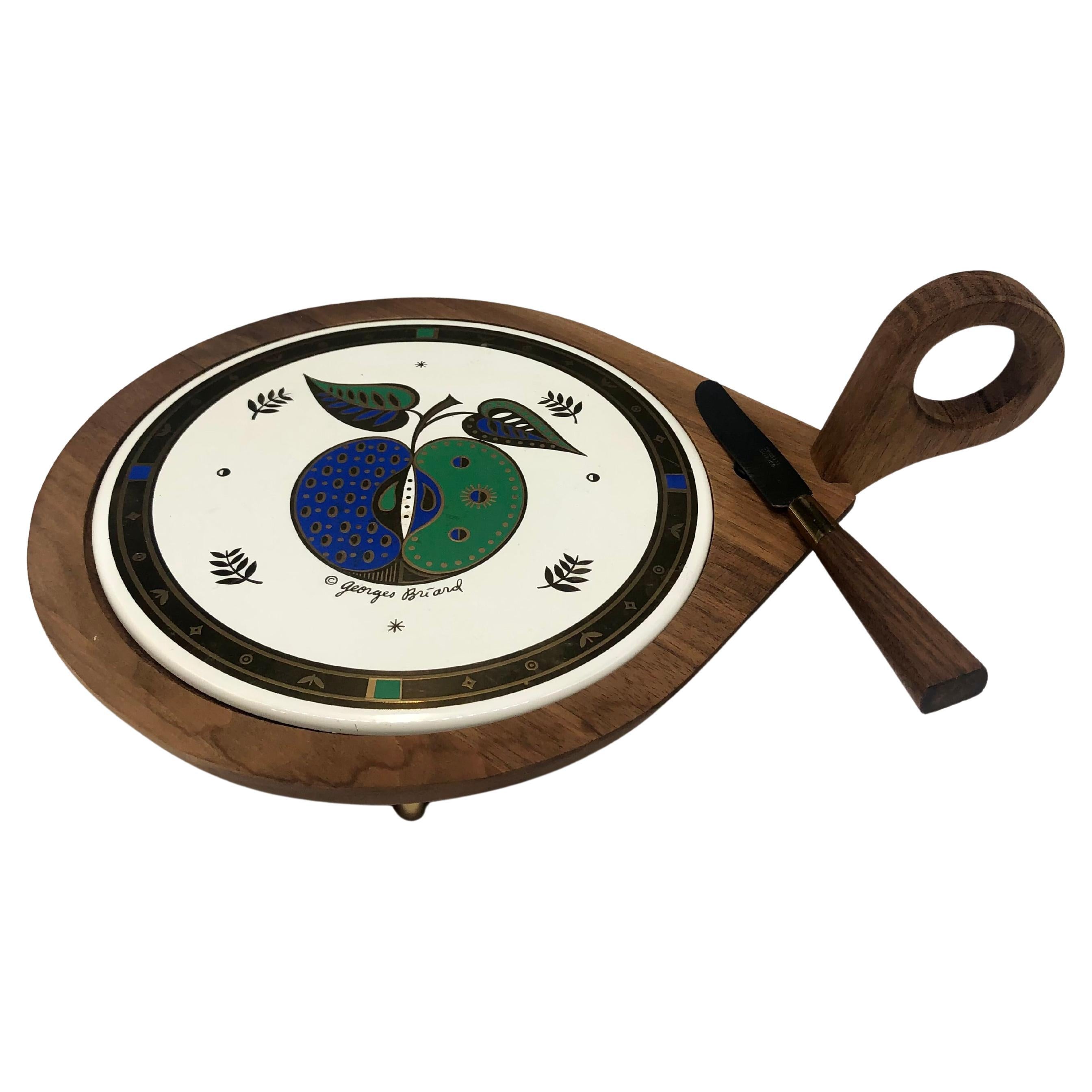 Georges Briard Mid-Century Modern Walnut 
Enamel Cheese Board with Knife For Sale