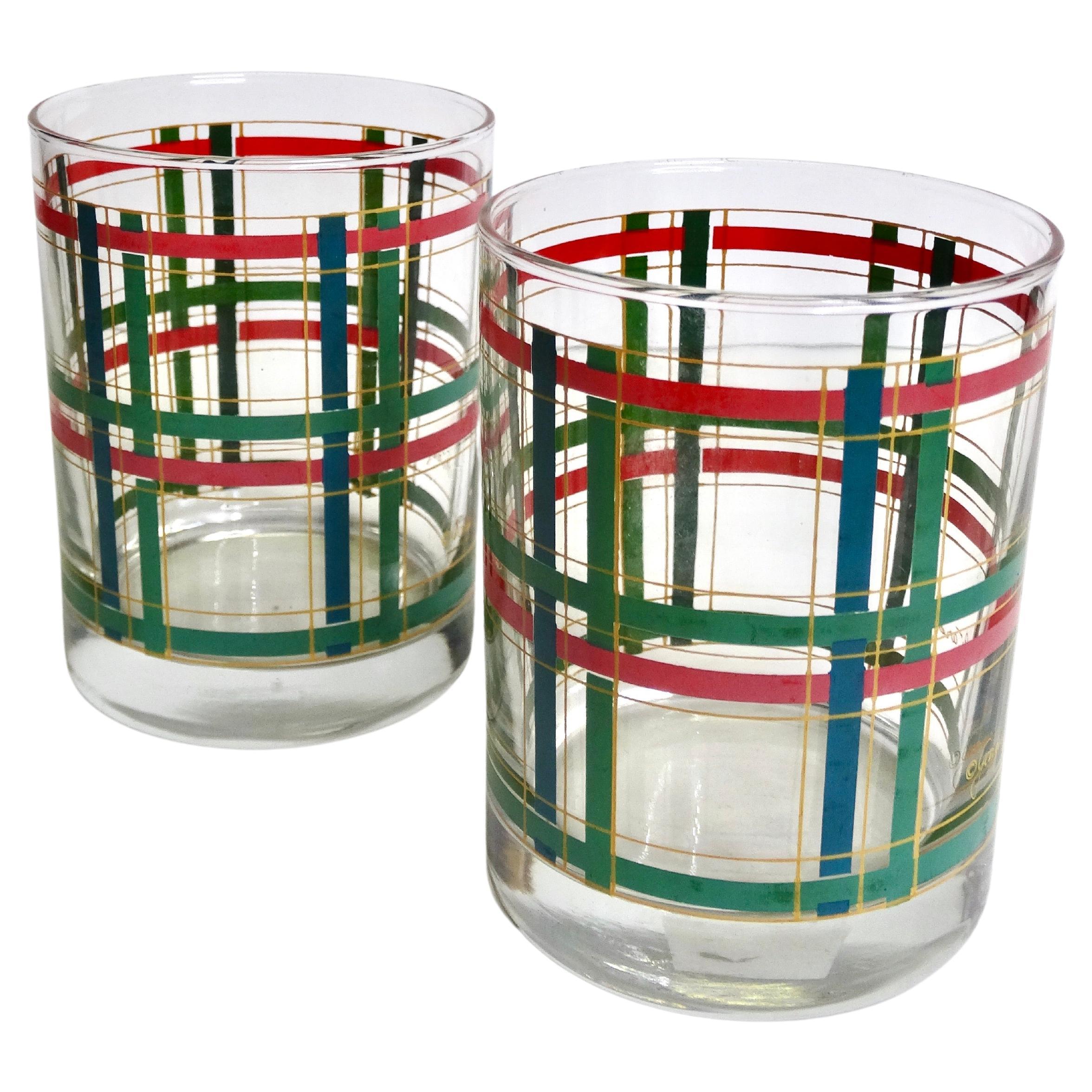 Georges Briard Mid-Century Red & Green Plaid Glasses- Set of 8