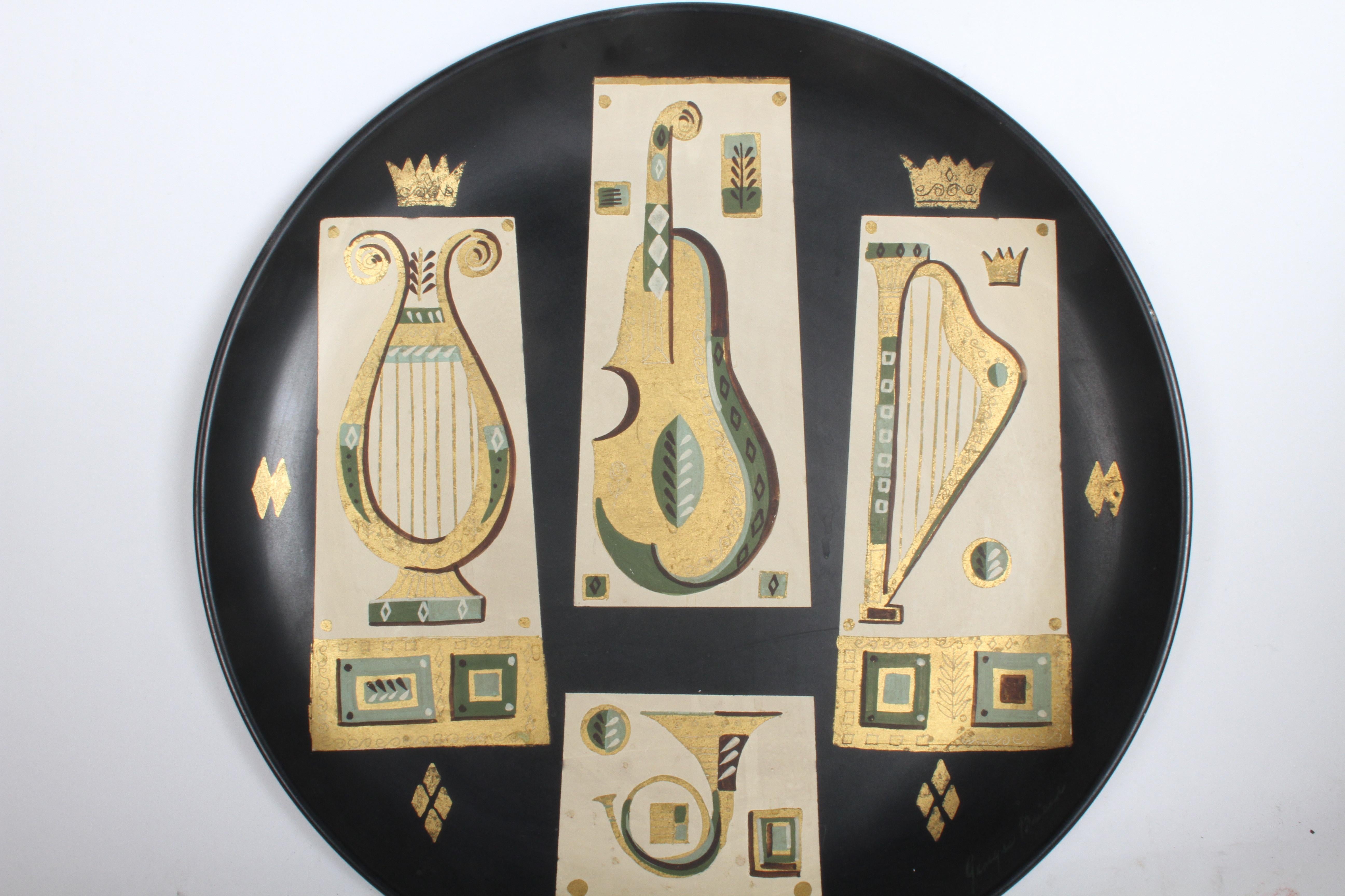 Hand-Painted Georges Briard Music Themed Hand Painted Tole Tray or Wall Plaque, circa 1955 For Sale