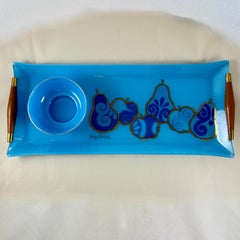 Georges Briard Peacock Blue Pageant Fruit Glass Tray & Dip Bowl
