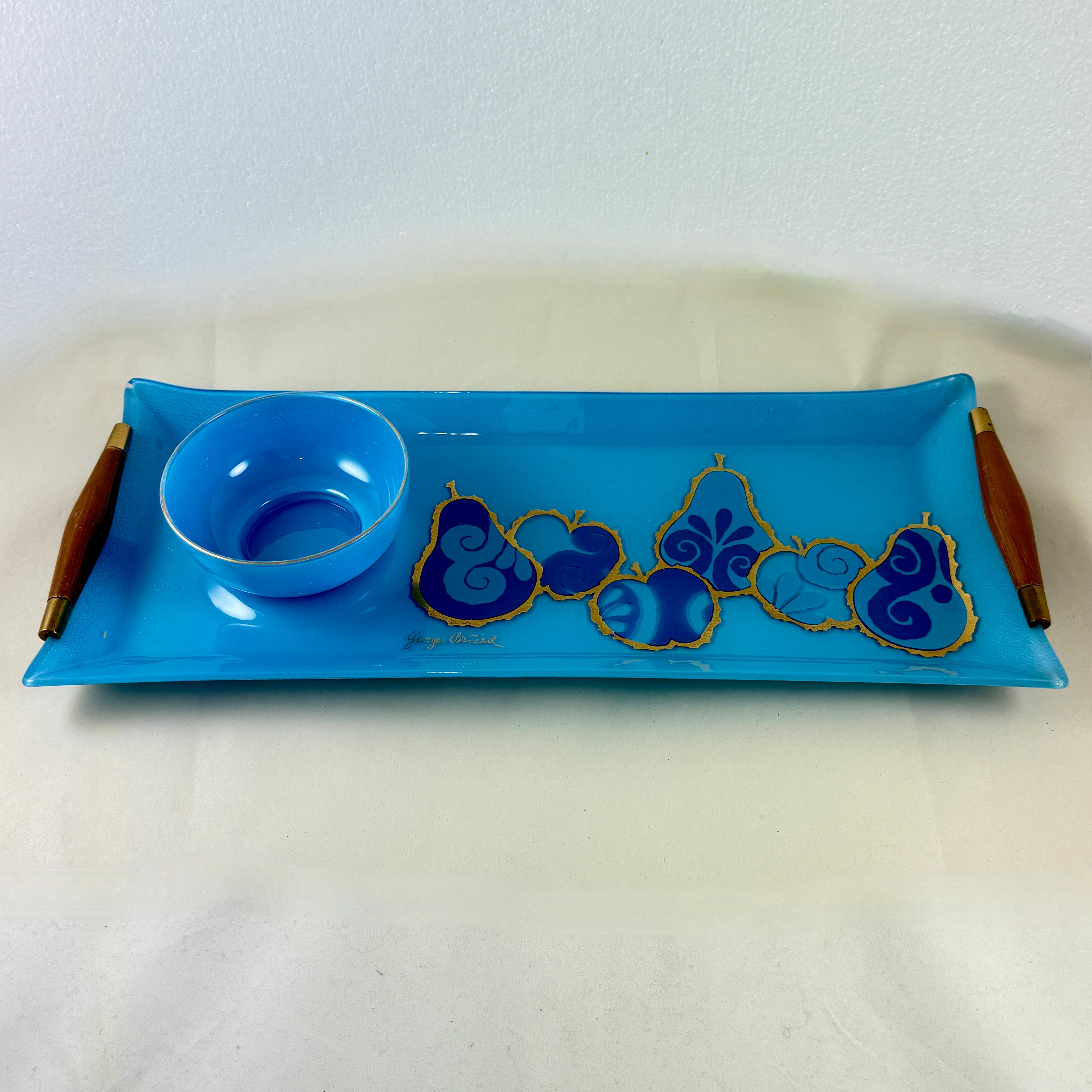 Georges Briard Peacock Blue Pageant Obst Glas Tablett & Dip-Schale (Moderne der Mitte des Jahrhunderts) im Angebot
