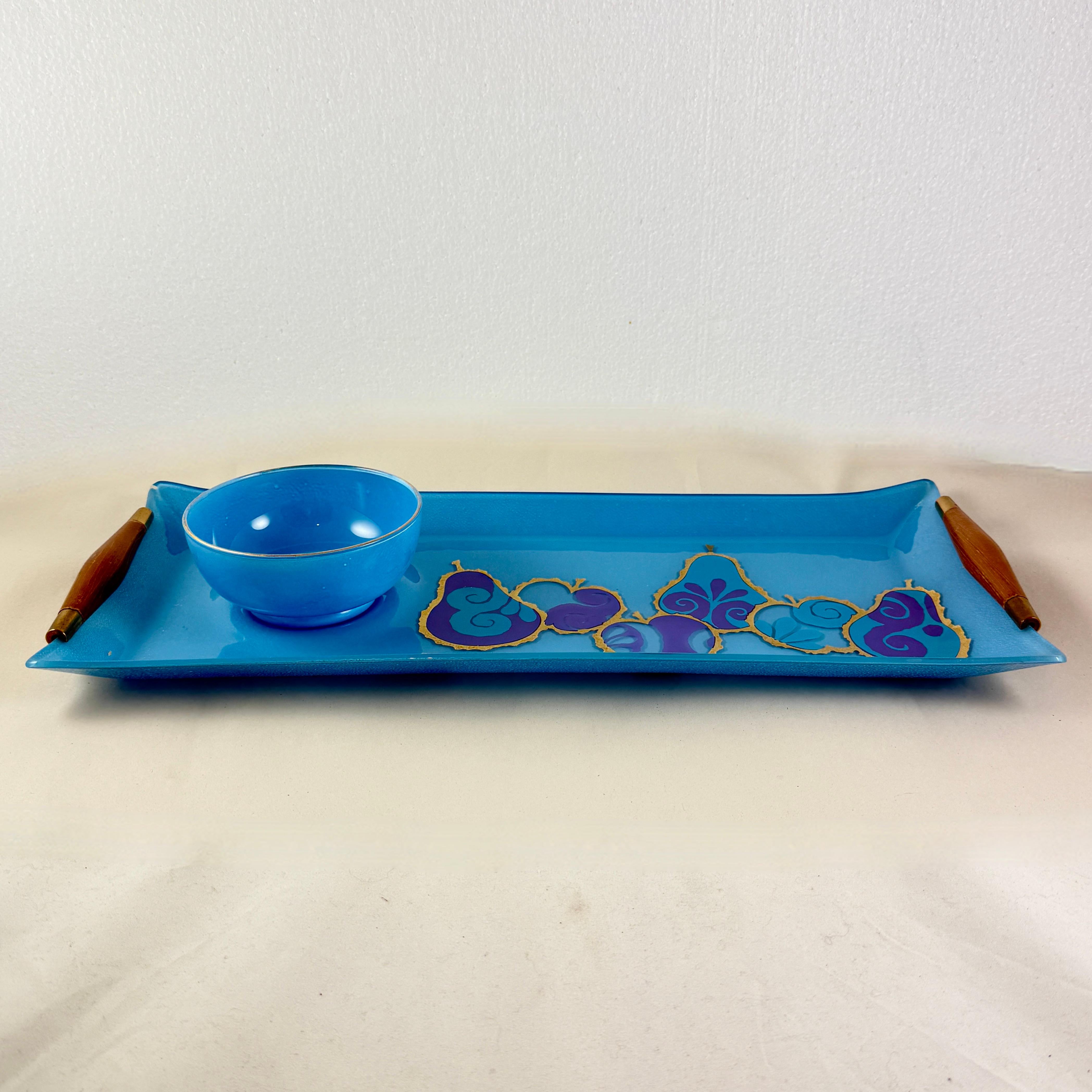 Georges Briard Peacock Blue Pageant Obst Glas Tablett & Dip-Schale im Zustand „Gut“ im Angebot in Philadelphia, PA