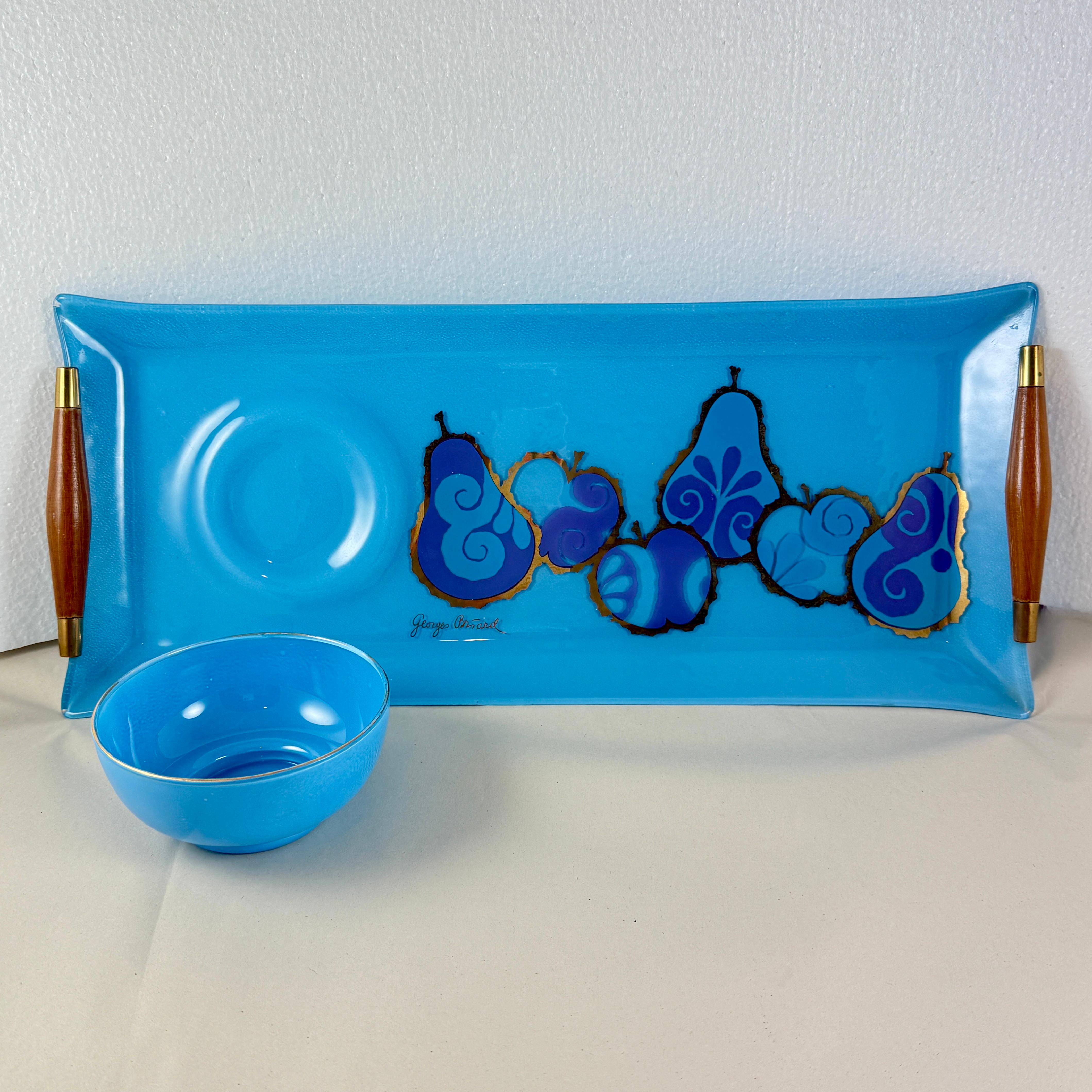 Georges Briard Peacock Blue Pageant Obst Glas Tablett & Dip-Schale (Glaskunst) im Angebot