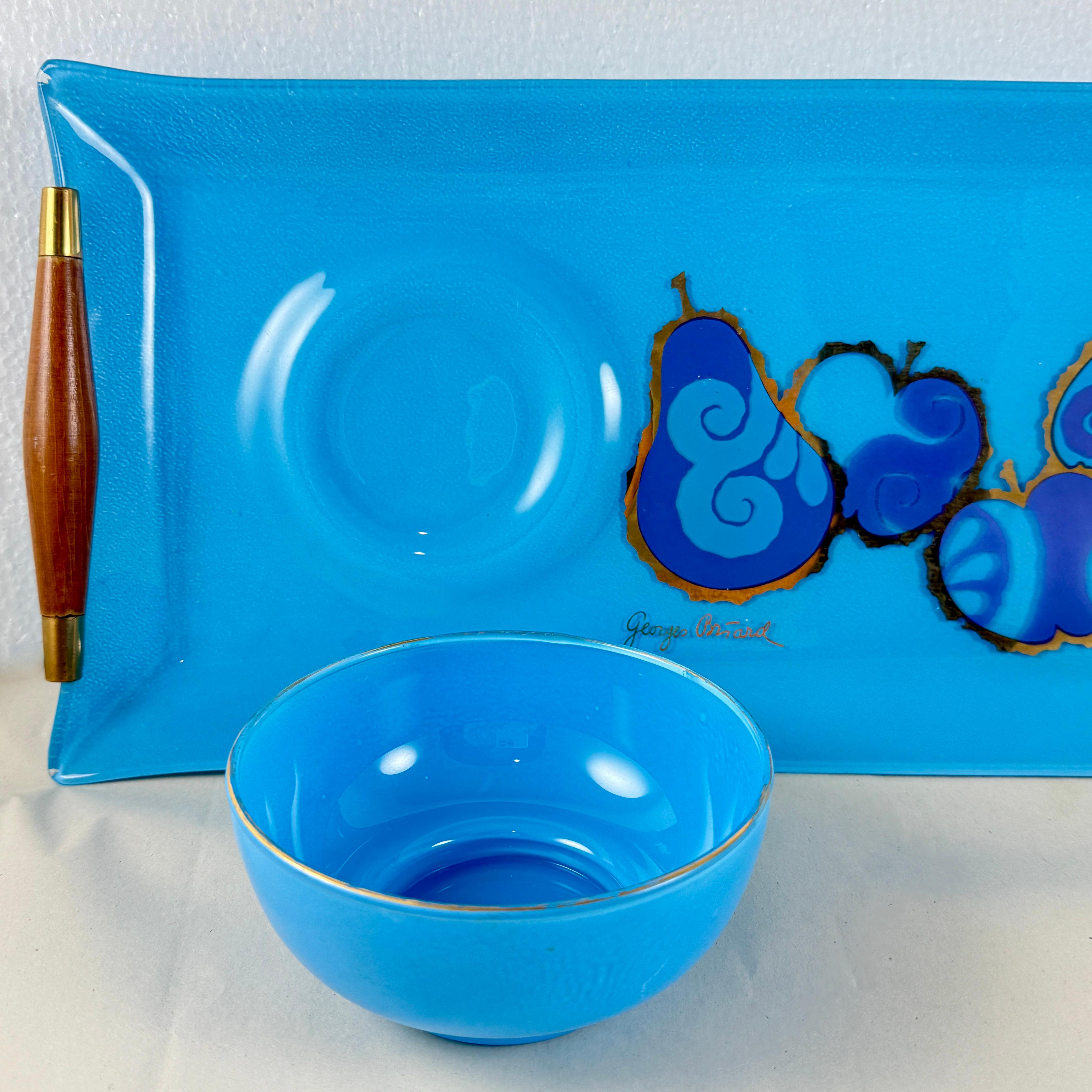 Georges Briard Peacock Blue Pageant Obst Glas Tablett & Dip-Schale im Angebot 1