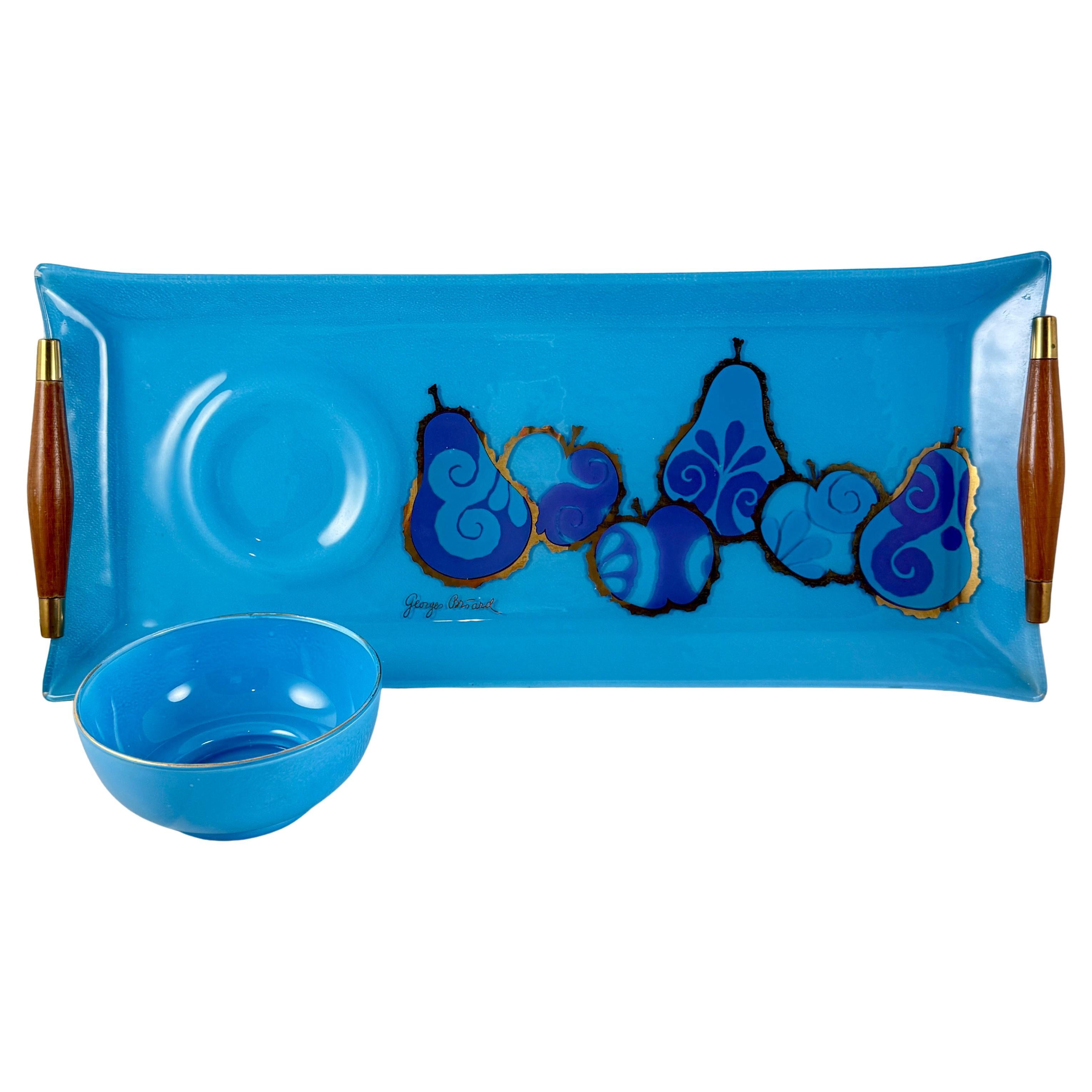 Georges Briard Peacock Blue Pageant Obst Glas Tablett & Dip-Schale im Angebot