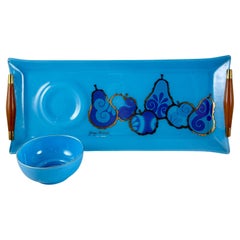 Georges Briard Peacock Blue Pageant Fruit Glass Tray & Dip Bowl