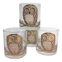 Georges Briard, Set of Four Vintage Owl Rocks Glasses
