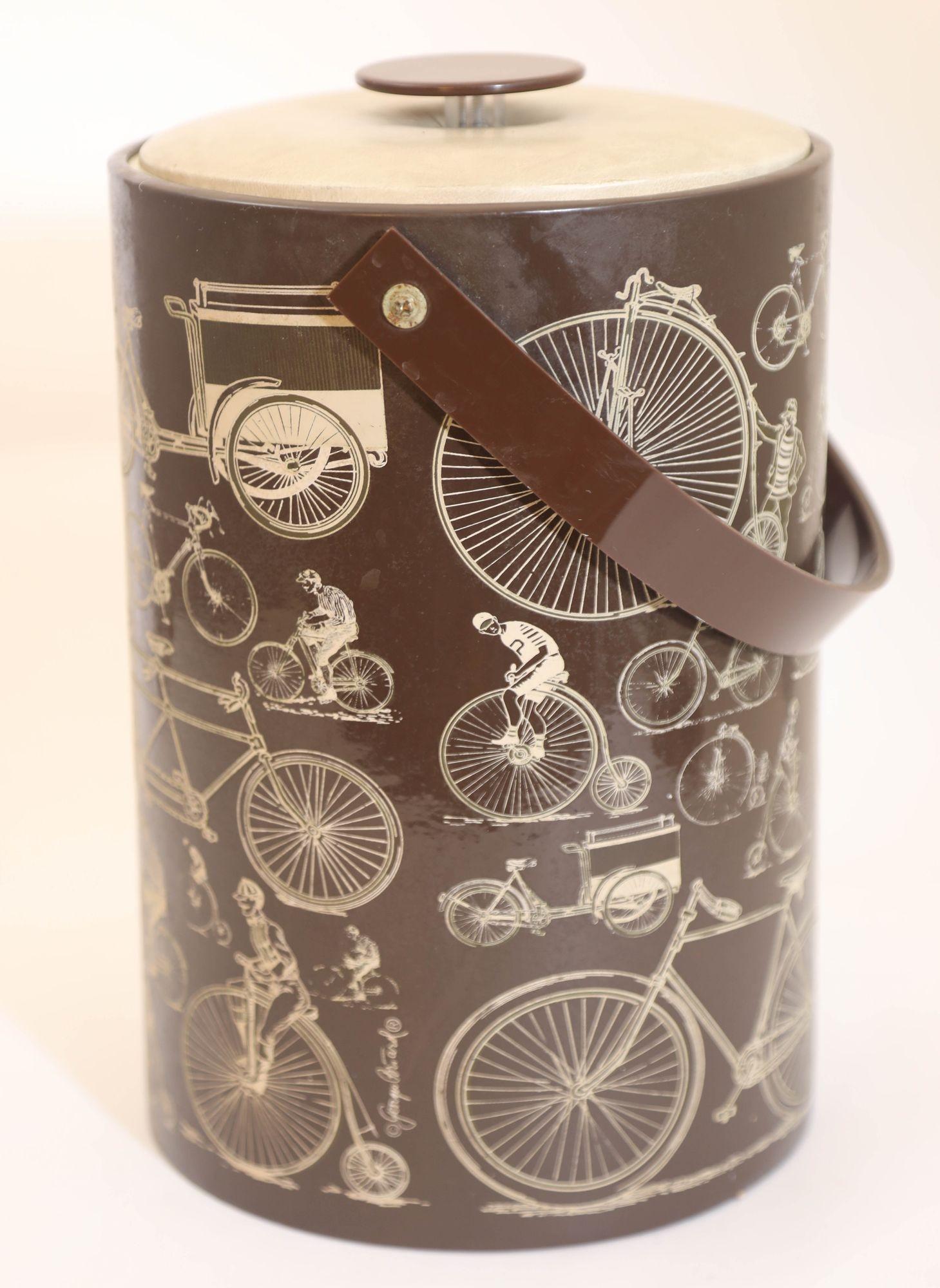 Mid-Century Modern Georges Briard Signed Ice Bucket Brown Vinyl with Bicycle Design Vintage 1950s For Sale