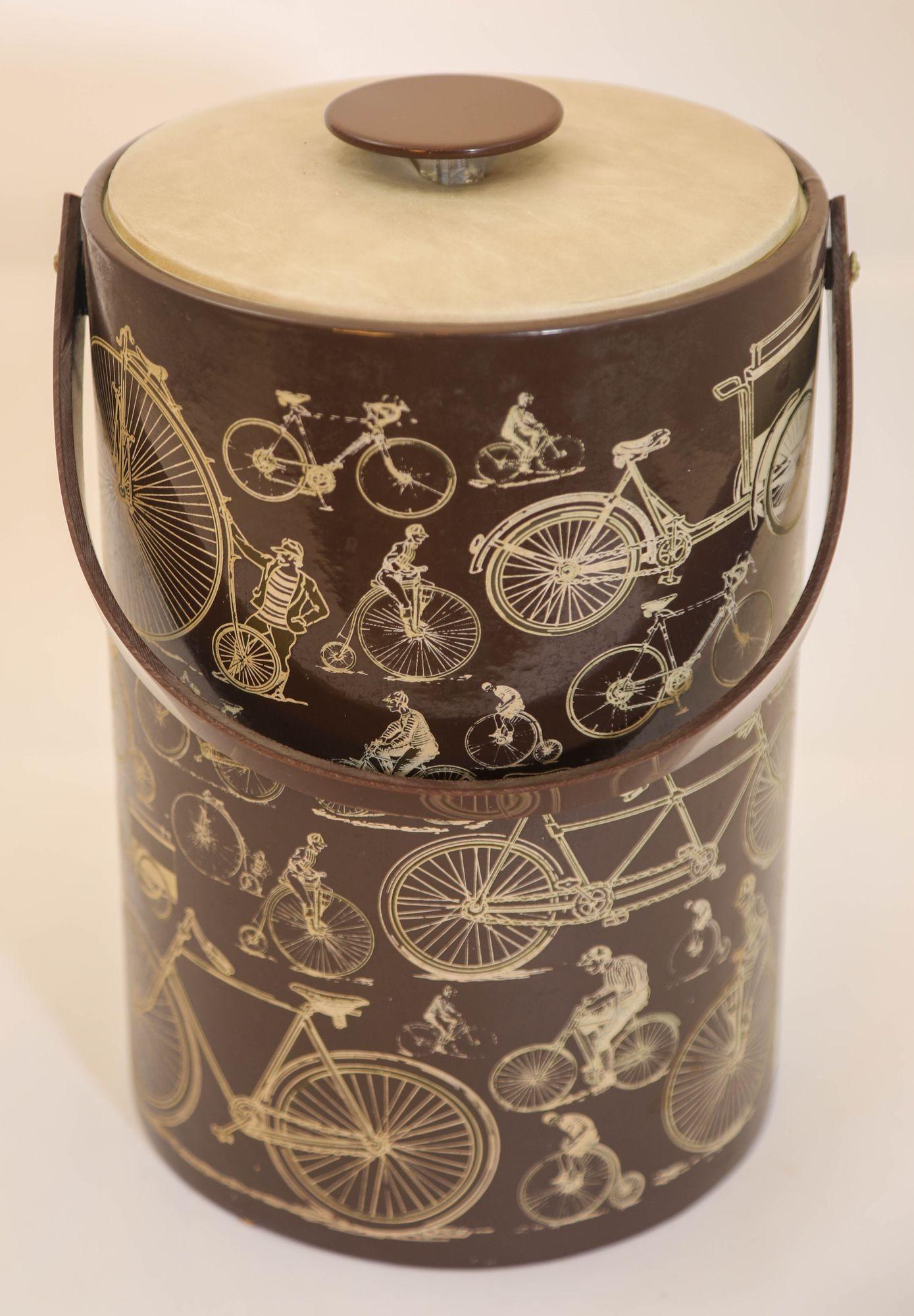 American Georges Briard Signed Ice Bucket Brown Vinyl with Bicycle Design Vintage 1950s For Sale