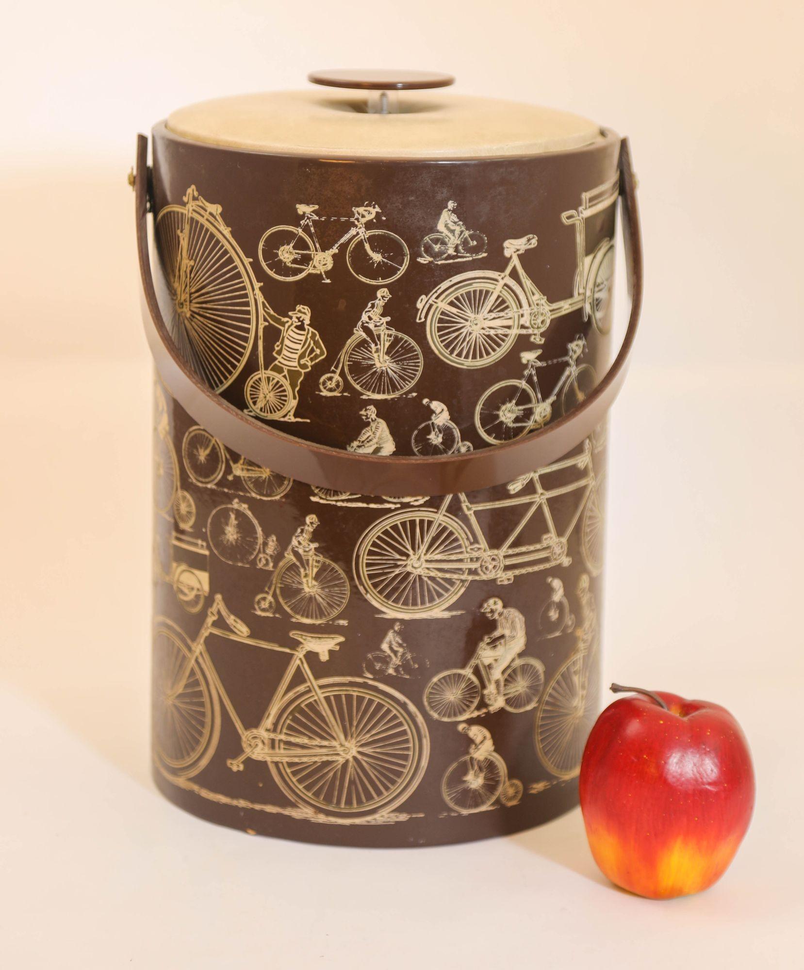 20th Century Georges Briard Signed Ice Bucket Brown Vinyl with Bicycle Design Vintage 1950s For Sale