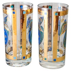 Georges Briard the Forbidden Fruit Pattern Turquoise and Gold Glasses Set of 2