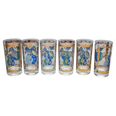 Georges Briard the Forbidden Fruit Pattern Turquoise and Gold Glasses Set of 6