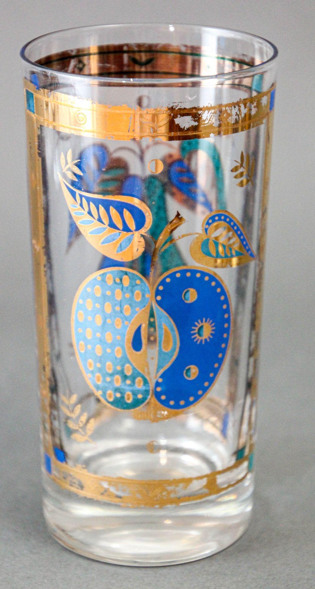 Georges Briard Juego de 6 copas turquesa y doradas con motivos de frutas prohibidas siglo XX en venta