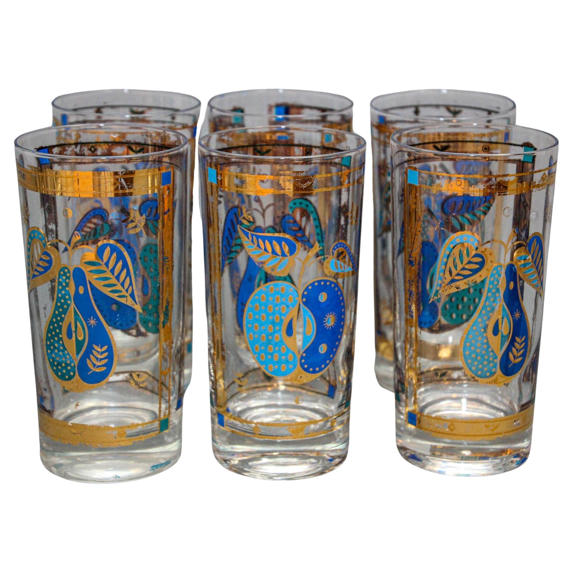 Georges Briard the Forbidden Fruit Pattern Turquoise and Gold Glasses Set of 6