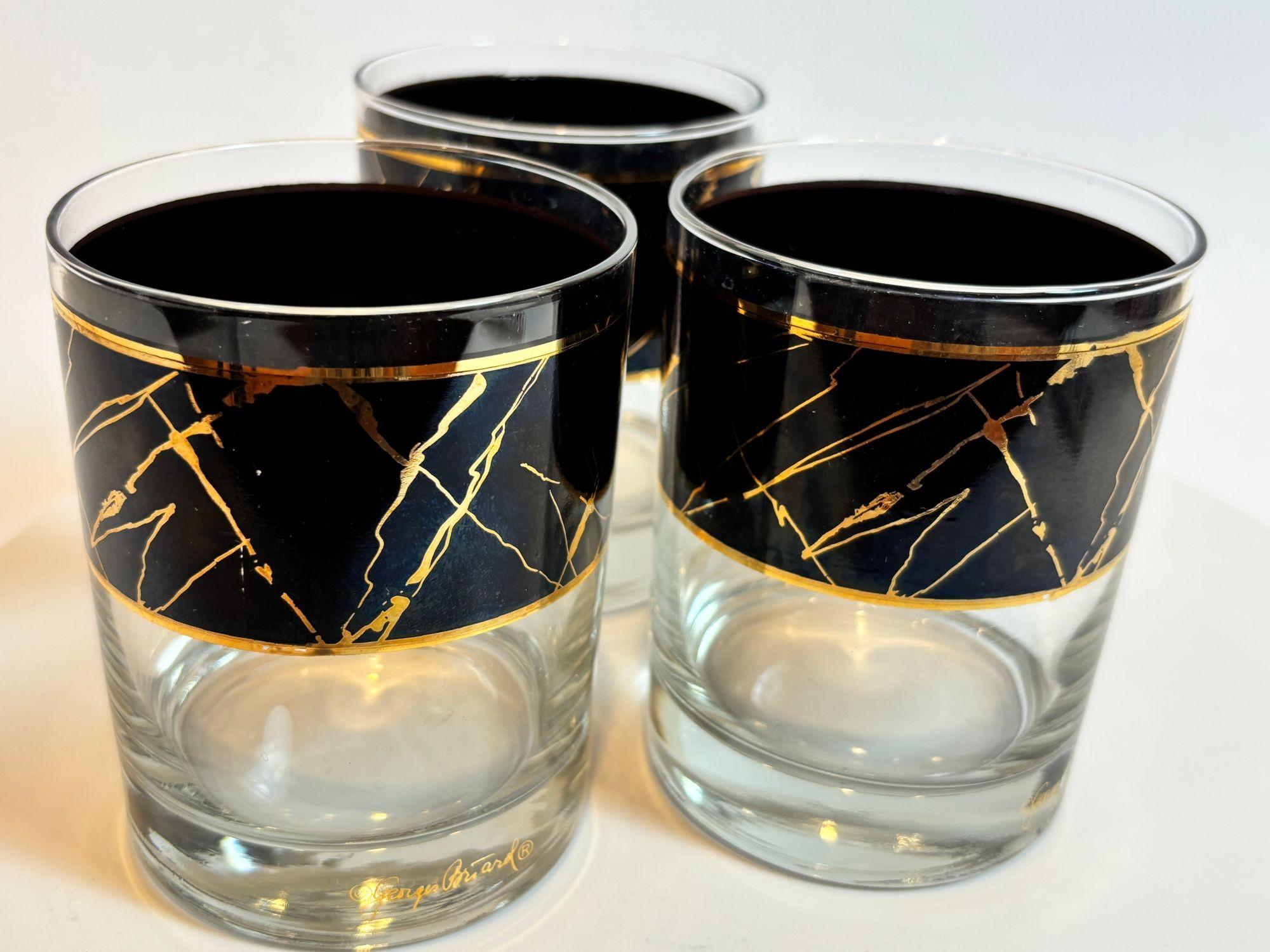 Hollywood Regency Georges Briard Vintage Black Band with 22K Gold Splatter Design Signed Set of 3 For Sale