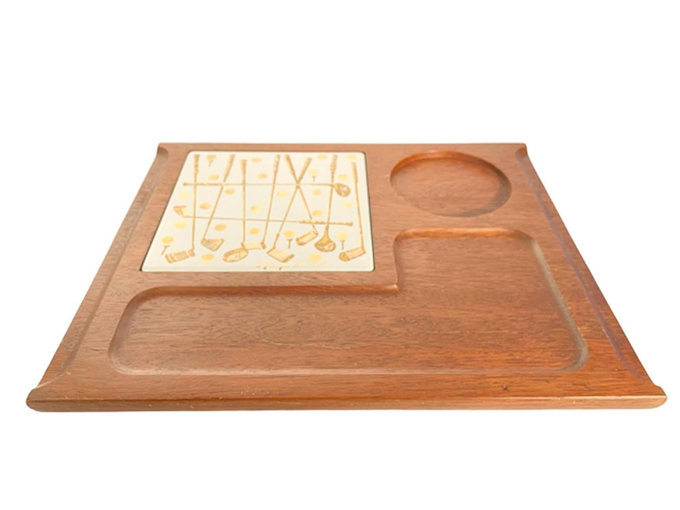 Georges Briard designed cutting board in walnut with a white inset tile cutting surface decorated in gold in his 