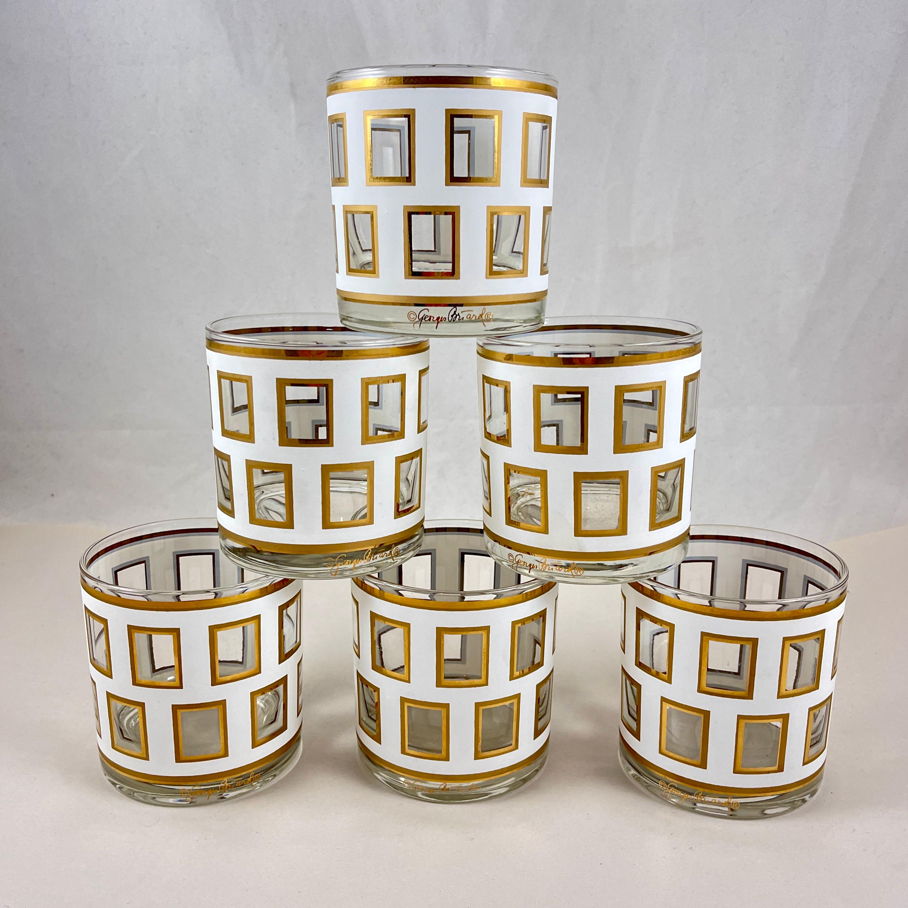 A set of six, rocks or lowball glasses in the Window White pattern, Georges Briard, circa 1960s.

In the original box, this set appears to be unused. This is pattern No. 705-22.
The glasses show a window frame inspired pattern enameled in 14 carat