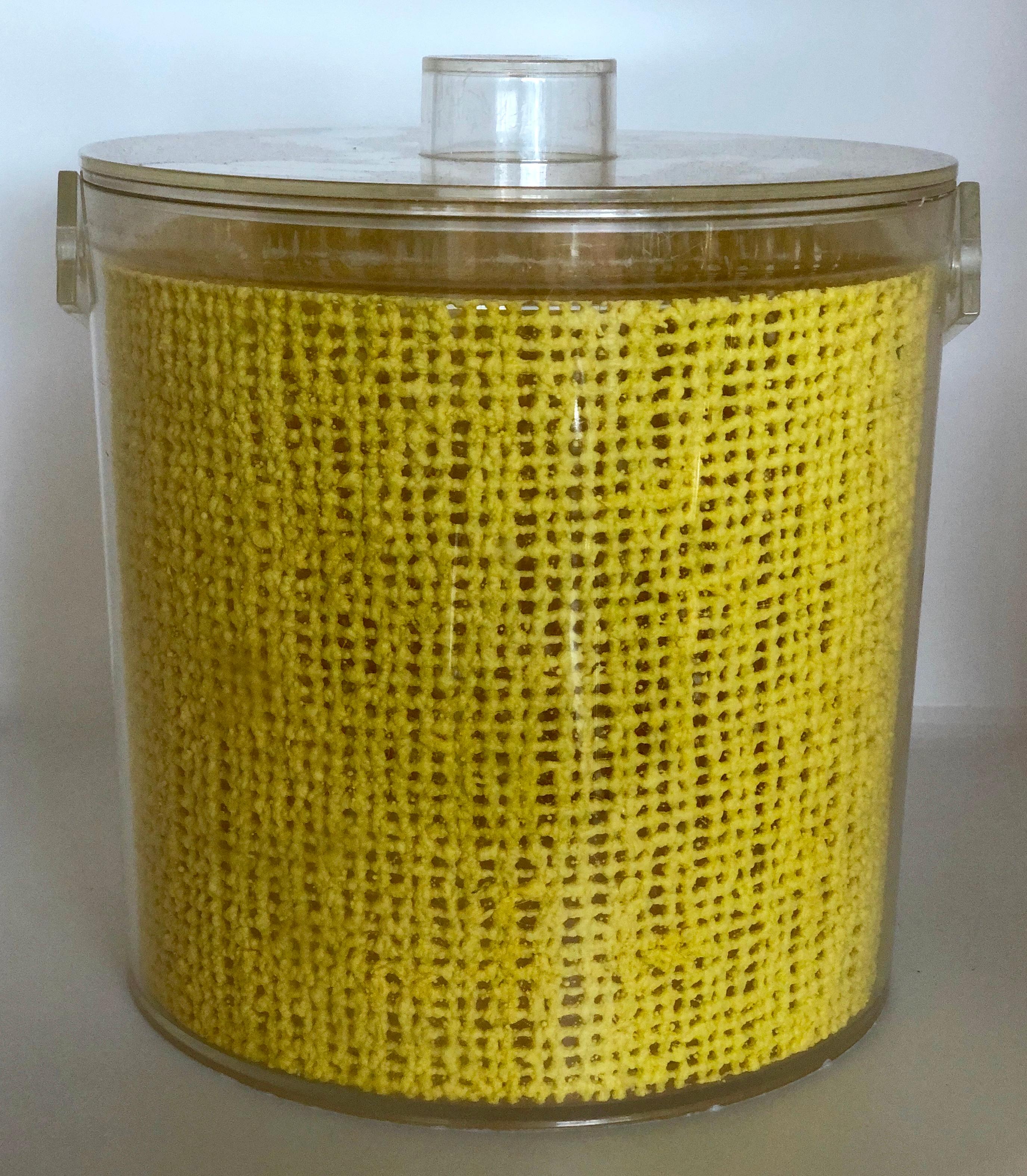 Mid-Century Modern Georges Briard Yellow Embedded Raffia Lucite Covered Ice Bucket