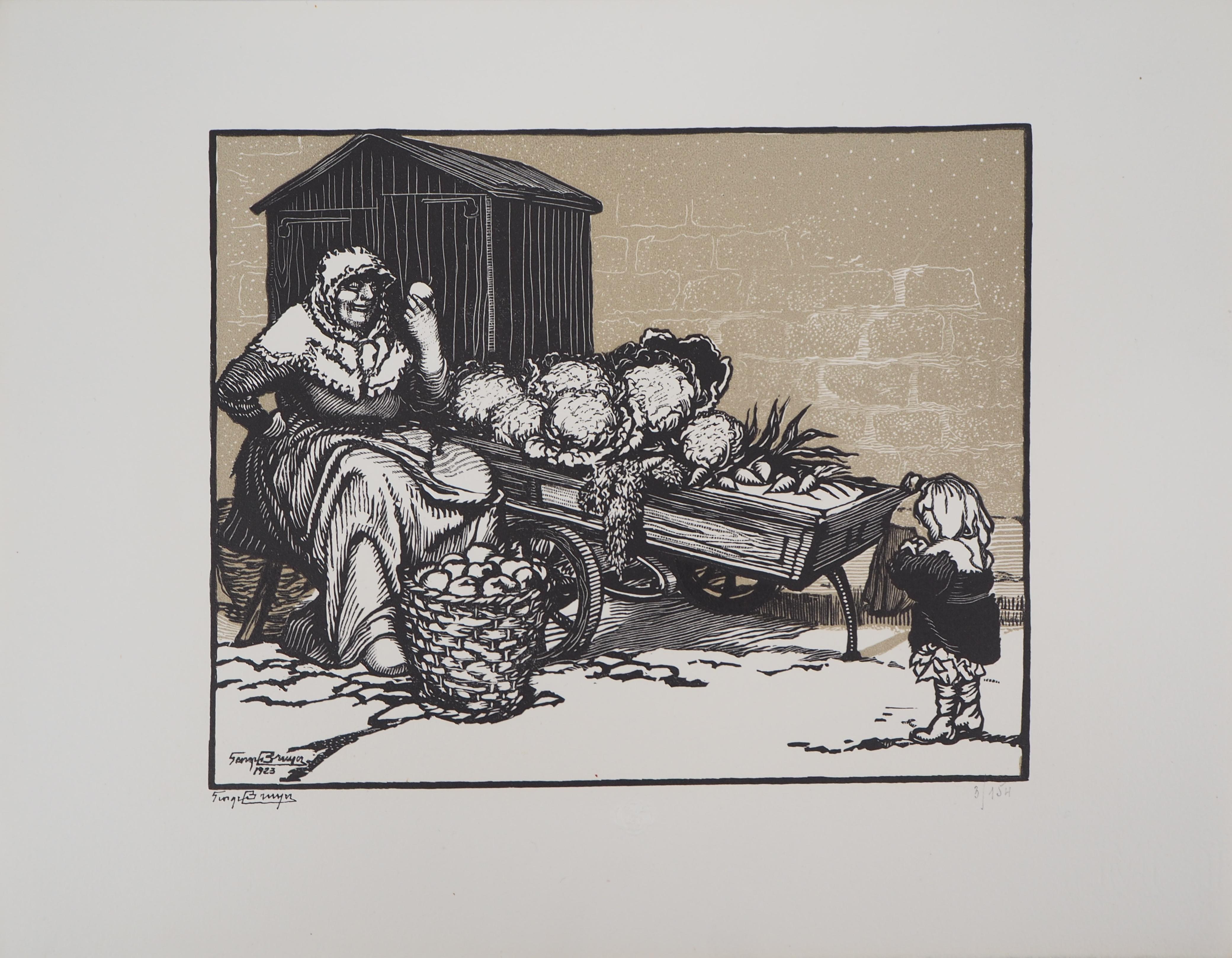 Fruttivendolo e Bambino - Incisione originale su legno, firmata e numerata a mano - Print di Georges Bruyer