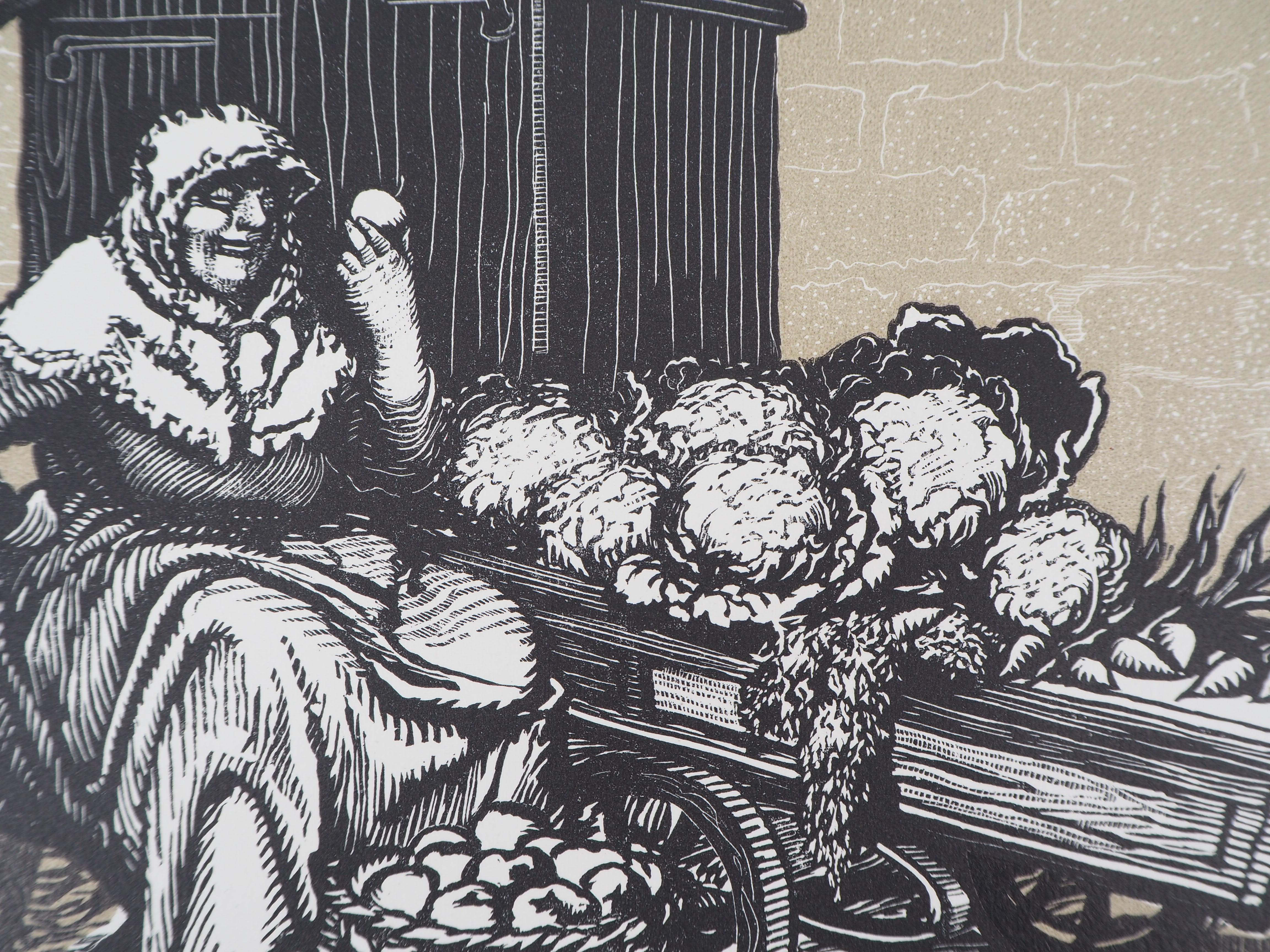 Fruttivendolo e Bambino - Incisione originale su legno, firmata e numerata a mano - Print Moderno di Georges Bruyer