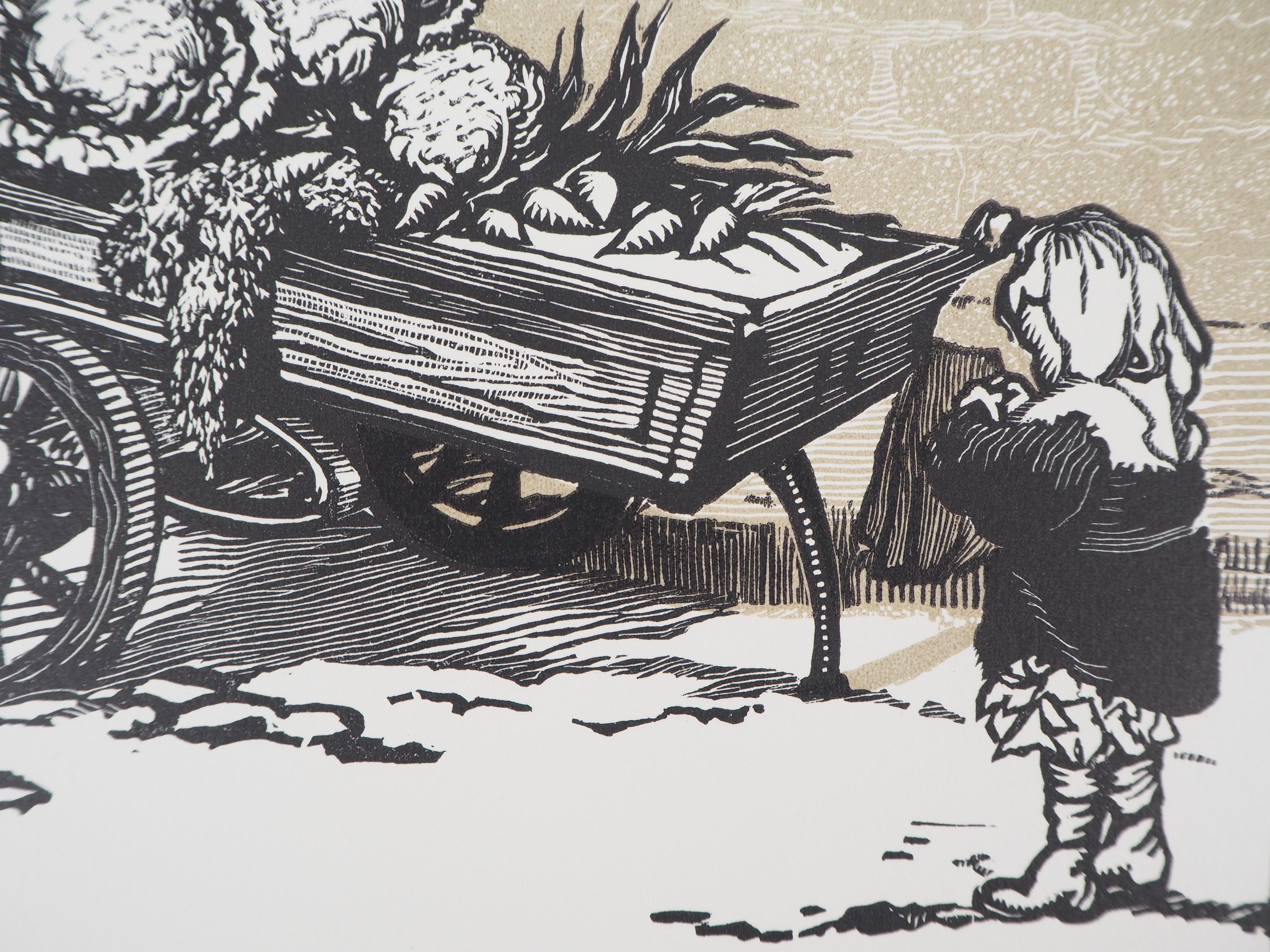 Fruttivendolo e Bambino - Incisione originale su legno, firmata e numerata a mano - Figurative Print Grigio di Georges Bruyer