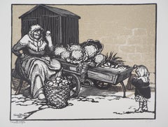 Antique Fruit seller and Child - Original wooodcut, Handsigned & Numbered