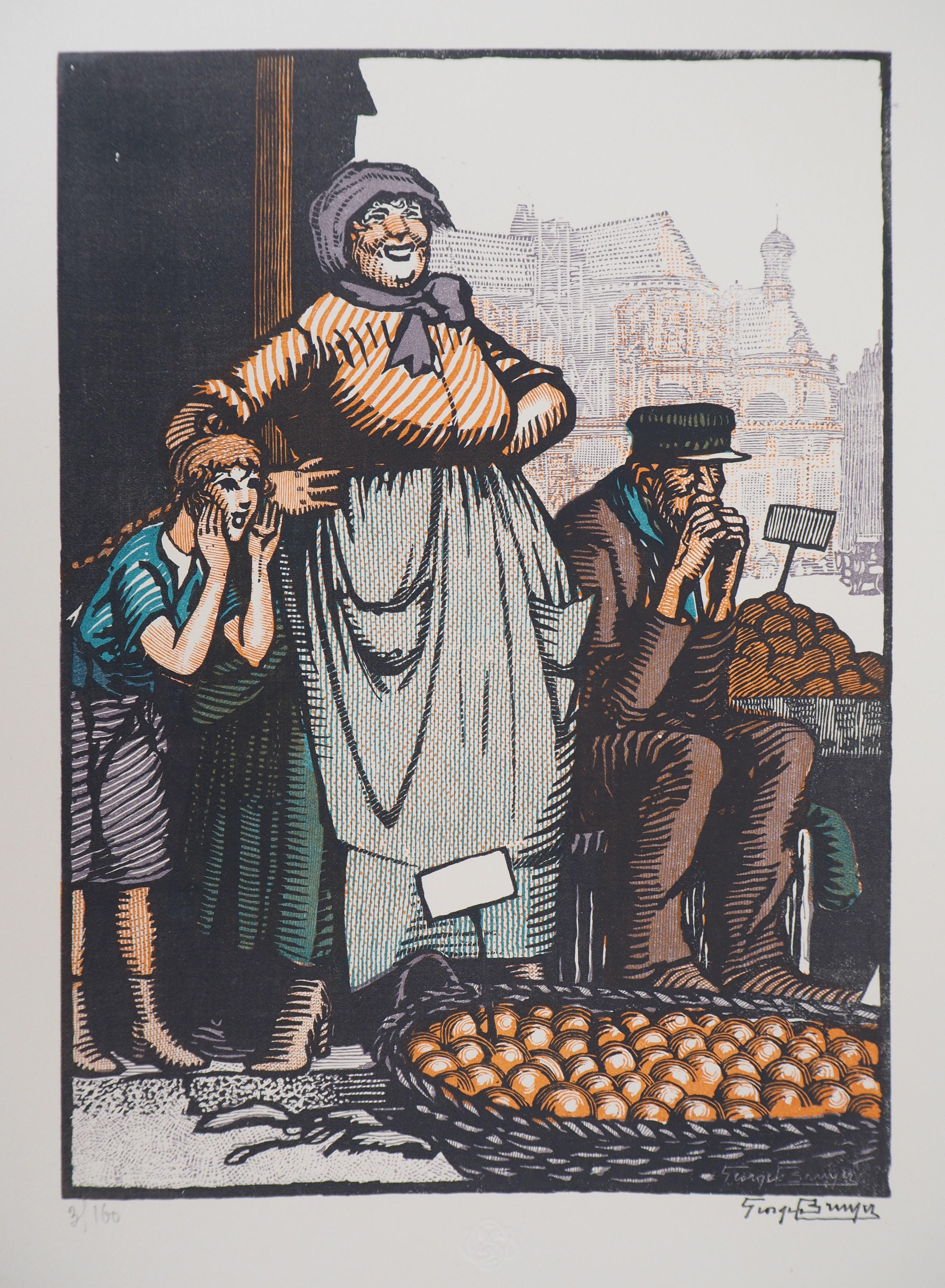 Market: the Orange Seller - Original wooodcut, Handsigned and numbered / 160 - Print by Georges Bruyer