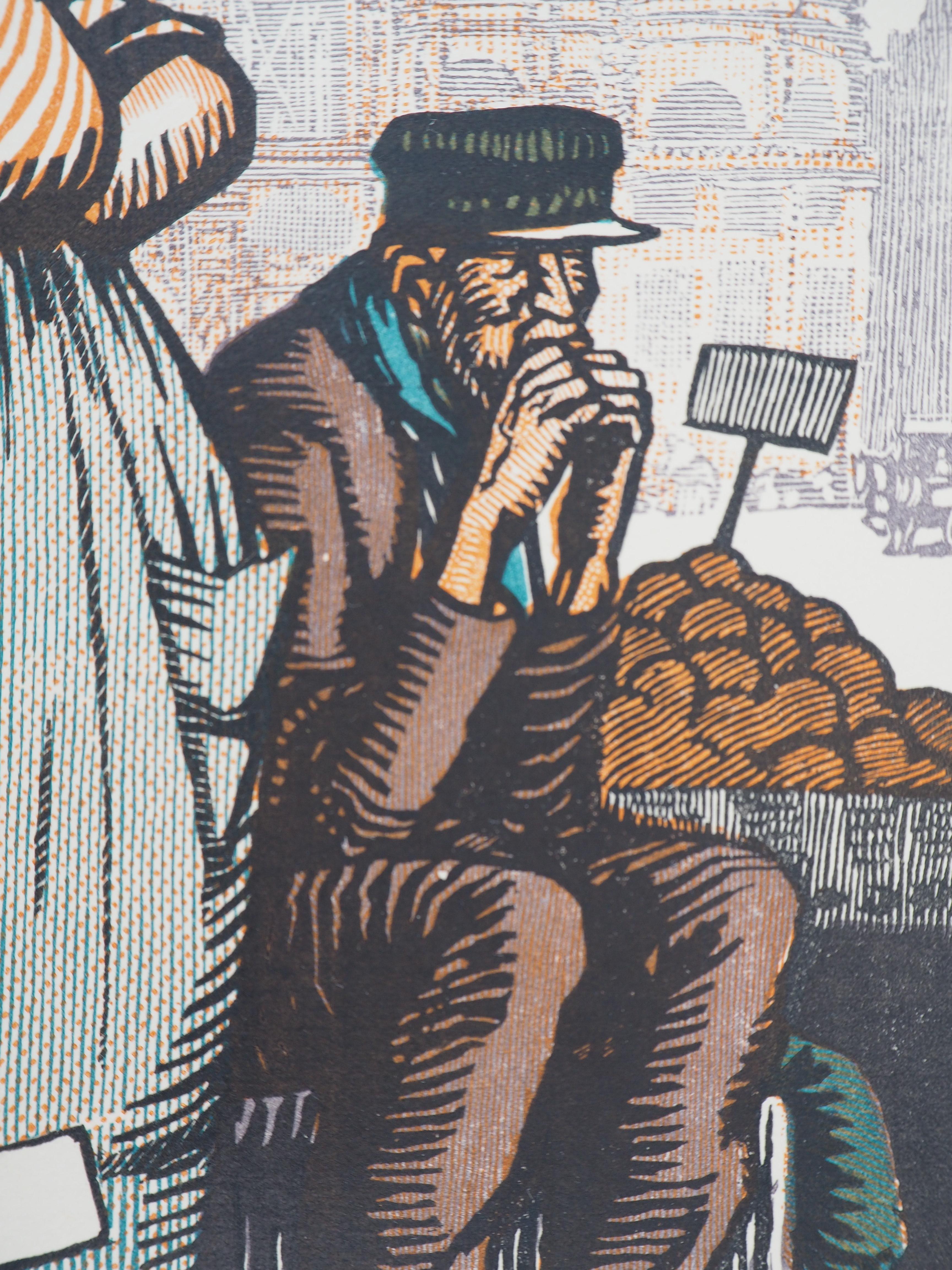 Market: the Orange Seller - Original wooodcut, Handsigned and numbered / 160 - Gray Figurative Print by Georges Bruyer