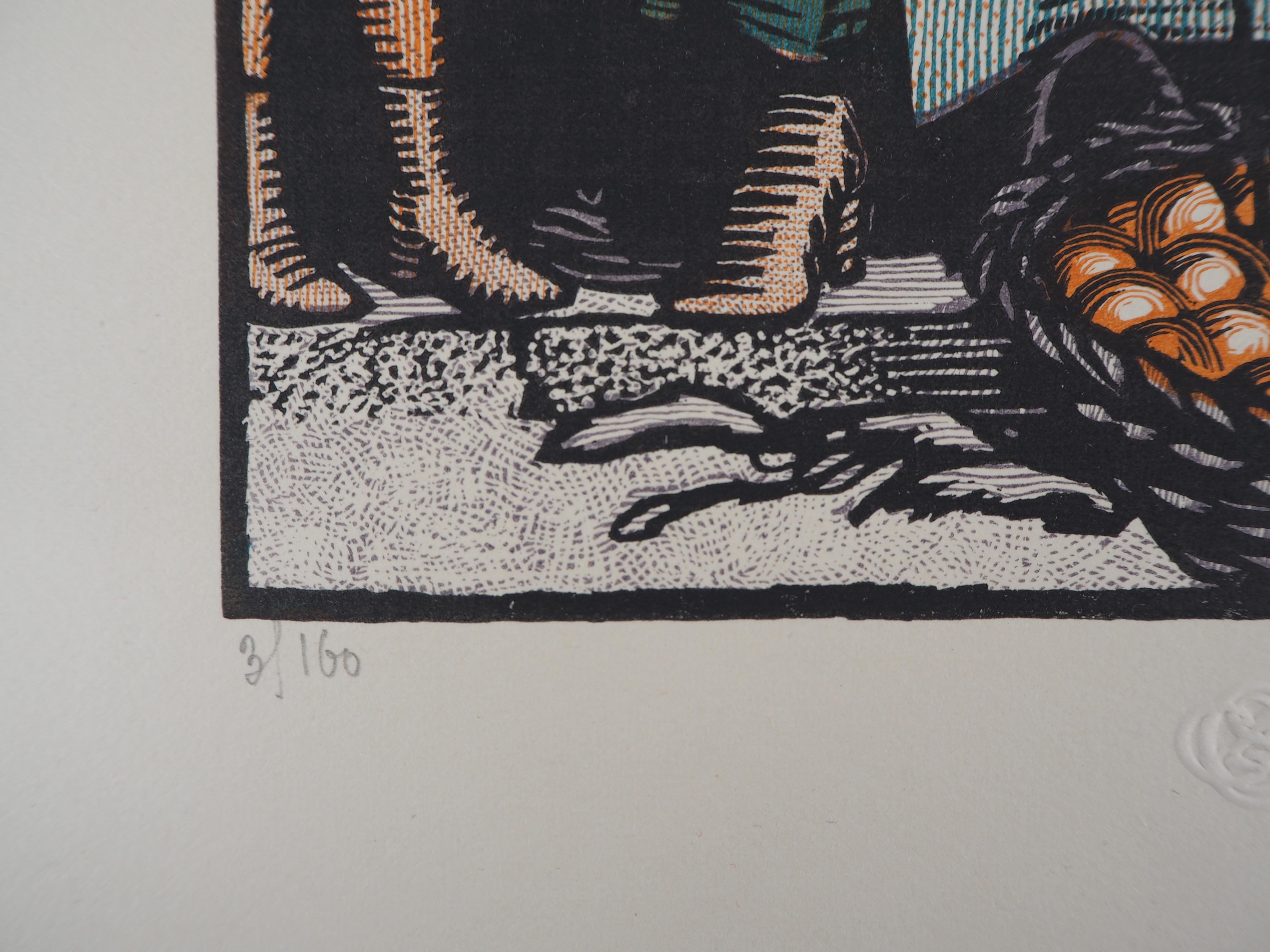 Georges BRUYER (1883-1962)
Market: the Orange Seller, 1925

Original woodcut
Handsigned in pencil
Numbered /160
On vellum 32.5 x 25.5 cm (c. 13 x 10 in)
Bears the blind stamp of the editor 'Imagier de la Gravure sur Bois' (Lugt 1140a)

Excellent