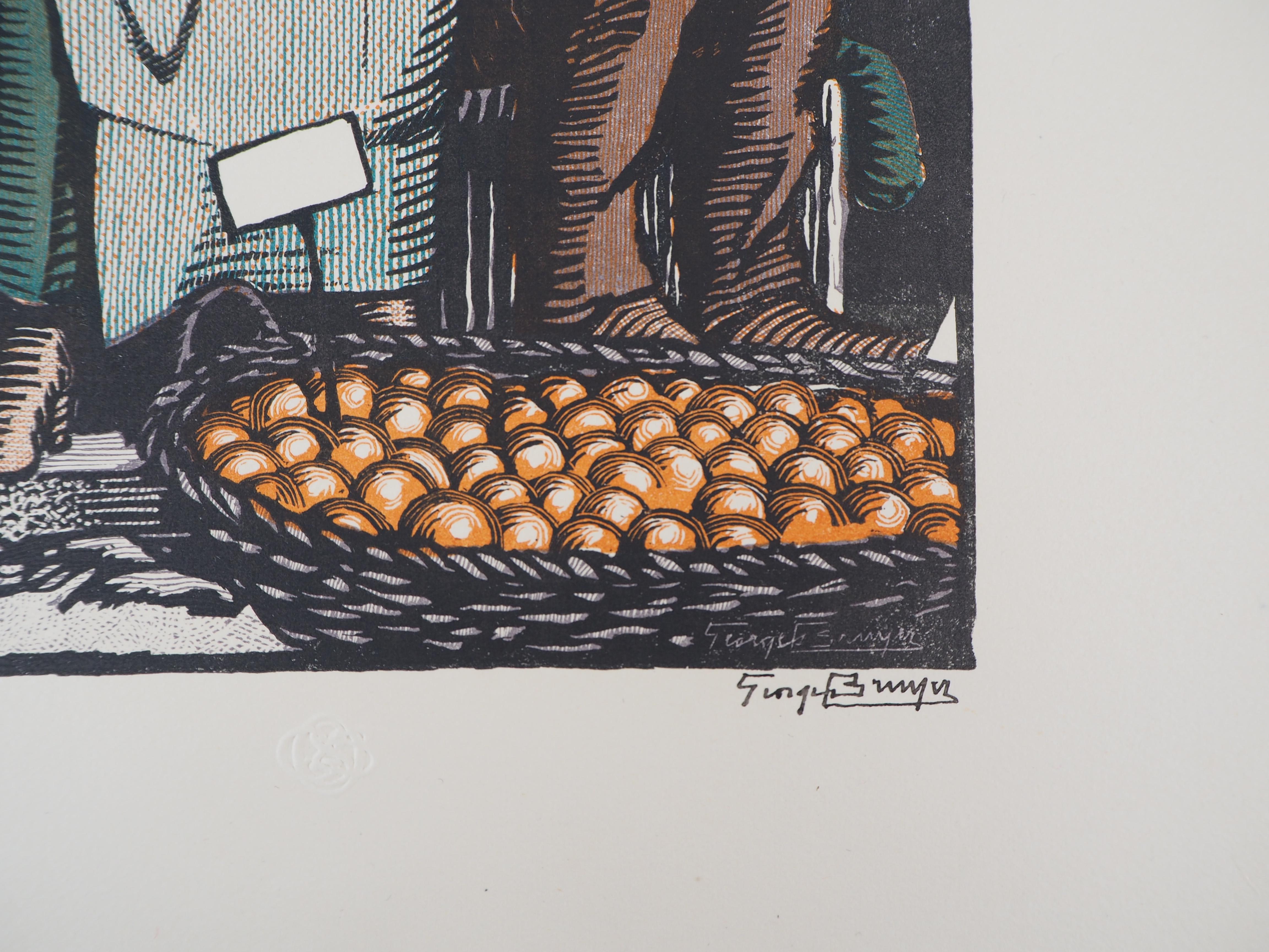 Market: the Orange Seller - Original wooodcut, Handsigned and numbered / 160 For Sale 1