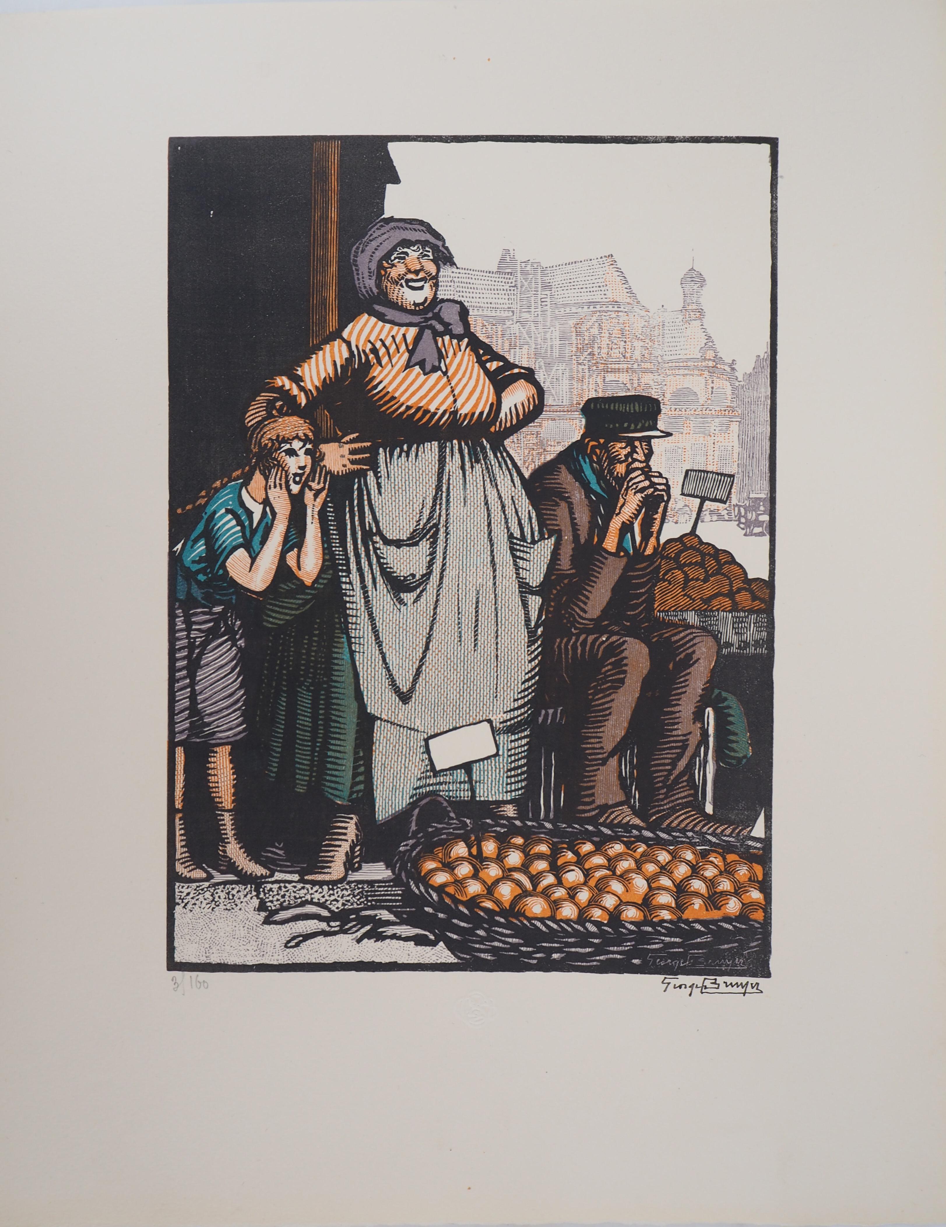 Georges Bruyer Figurative Print - Market: the Orange Seller - Original wooodcut, Handsigned and numbered / 160