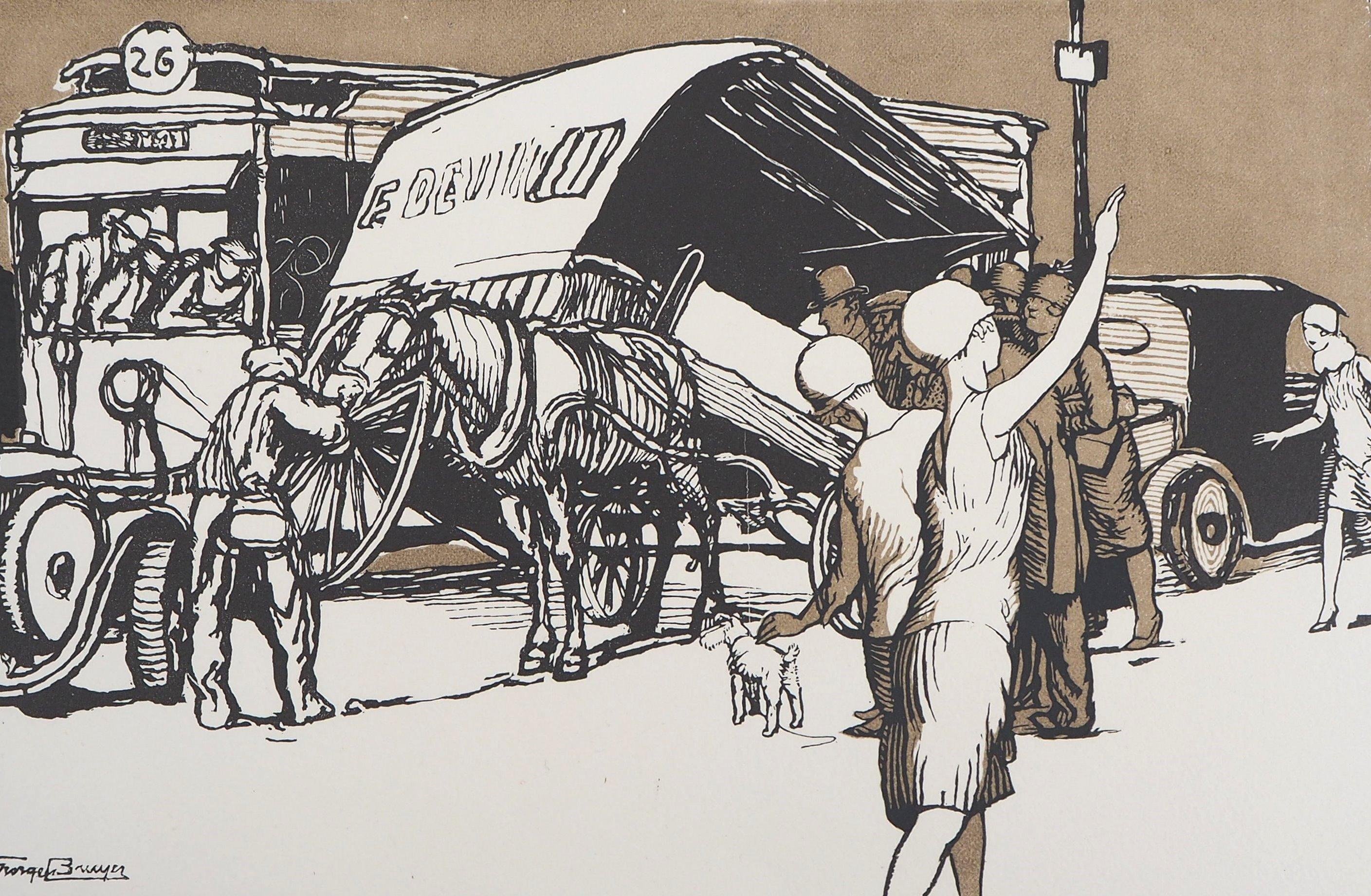The Carriage Accident - Original wooodcut, Handsigned and numbered / 160 - Modern Print by Georges Bruyer
