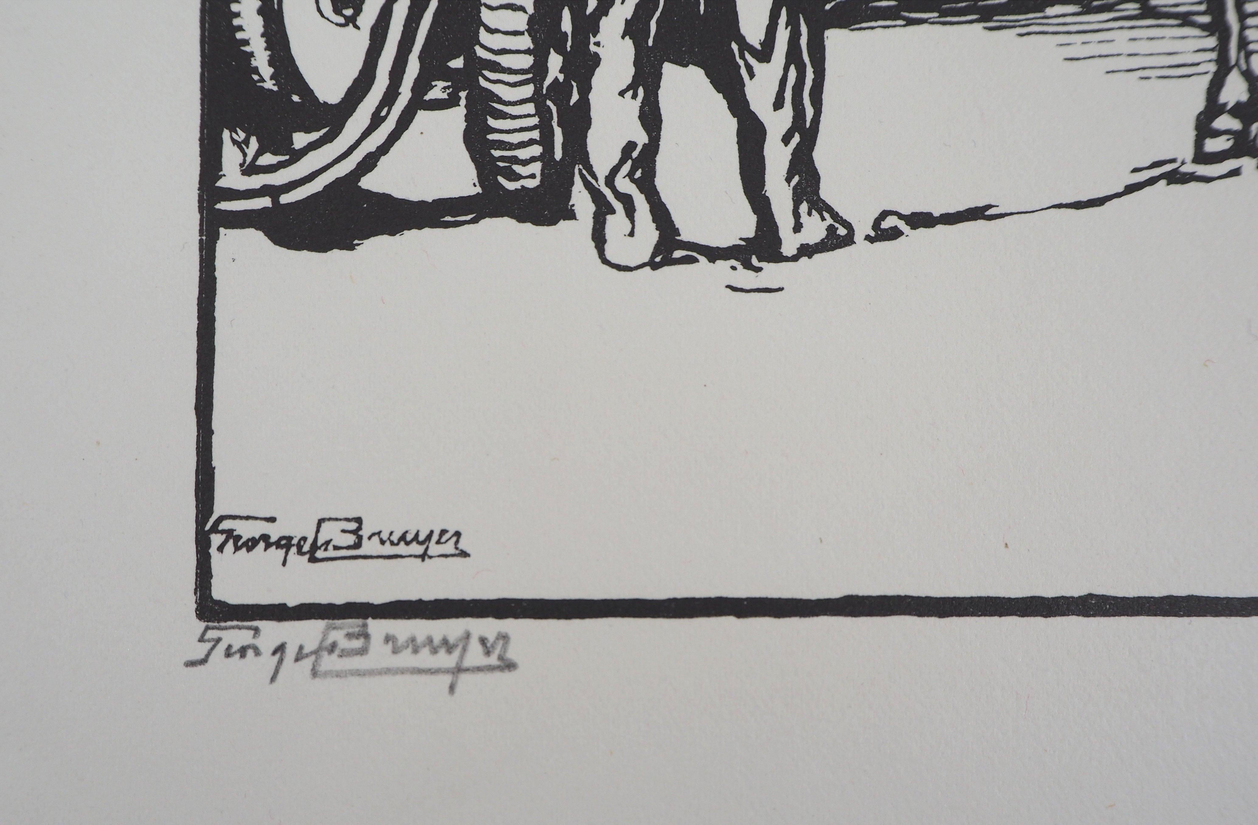 Georges BRUYER (1883-1962)
The Carriage Accident, 1929

Original woodcut
Handsigned in pencil
Numbered /160
On vellum 32.5 x 25.5 cm (c. 13 x 10 in)
Bears the blind stamp of the editor 'Imagier de la Gravure sur Bois' (Lugt 1140a)

Excellent