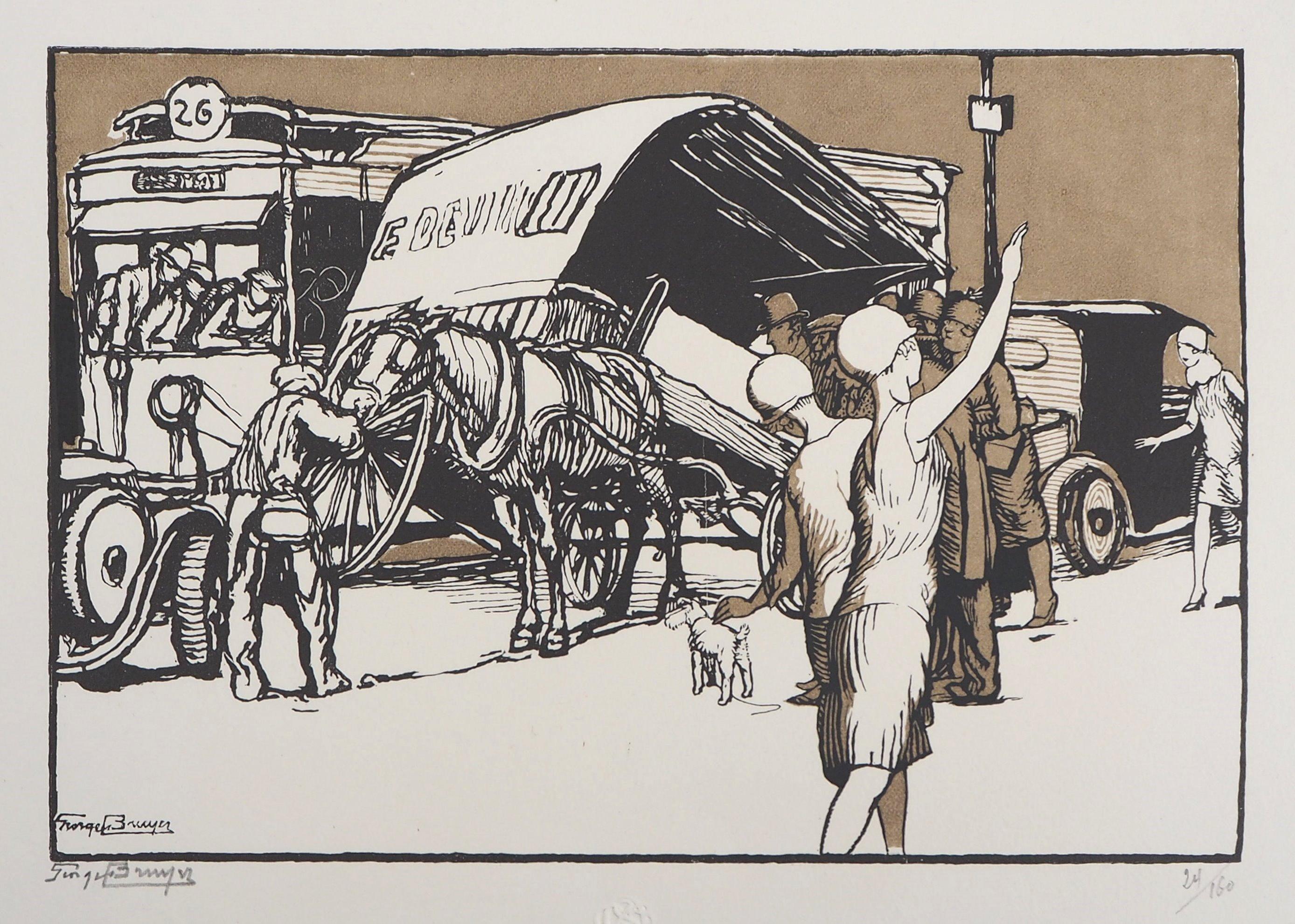Georges Bruyer Figurative Print - The Carriage Accident - Original wooodcut, Handsigned and numbered / 160