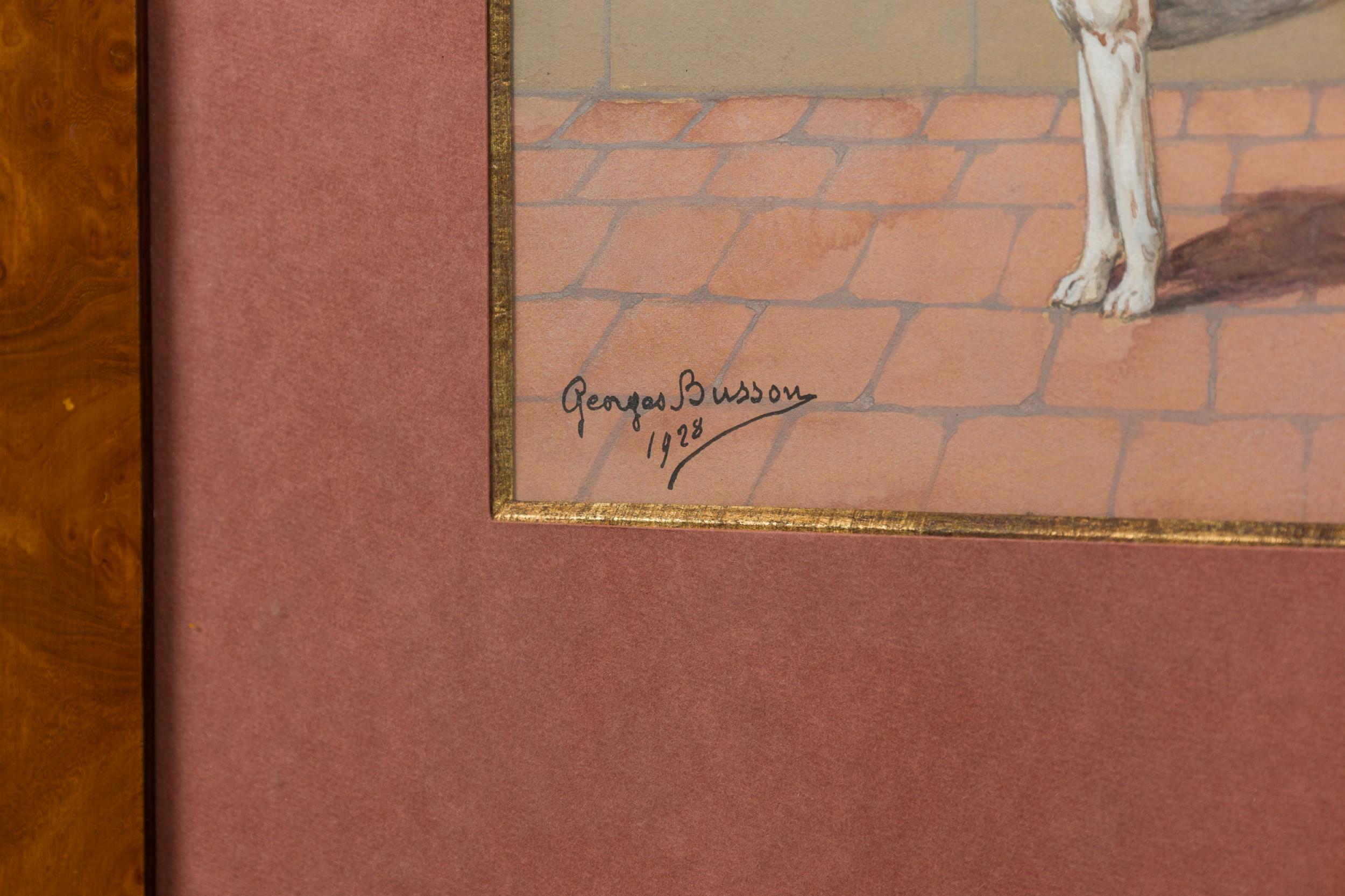 Georges Busson Art Decó Perro Beagle Acuarela en un Marco de Madera de Burl en Bueno estado para la venta en Queens, NY