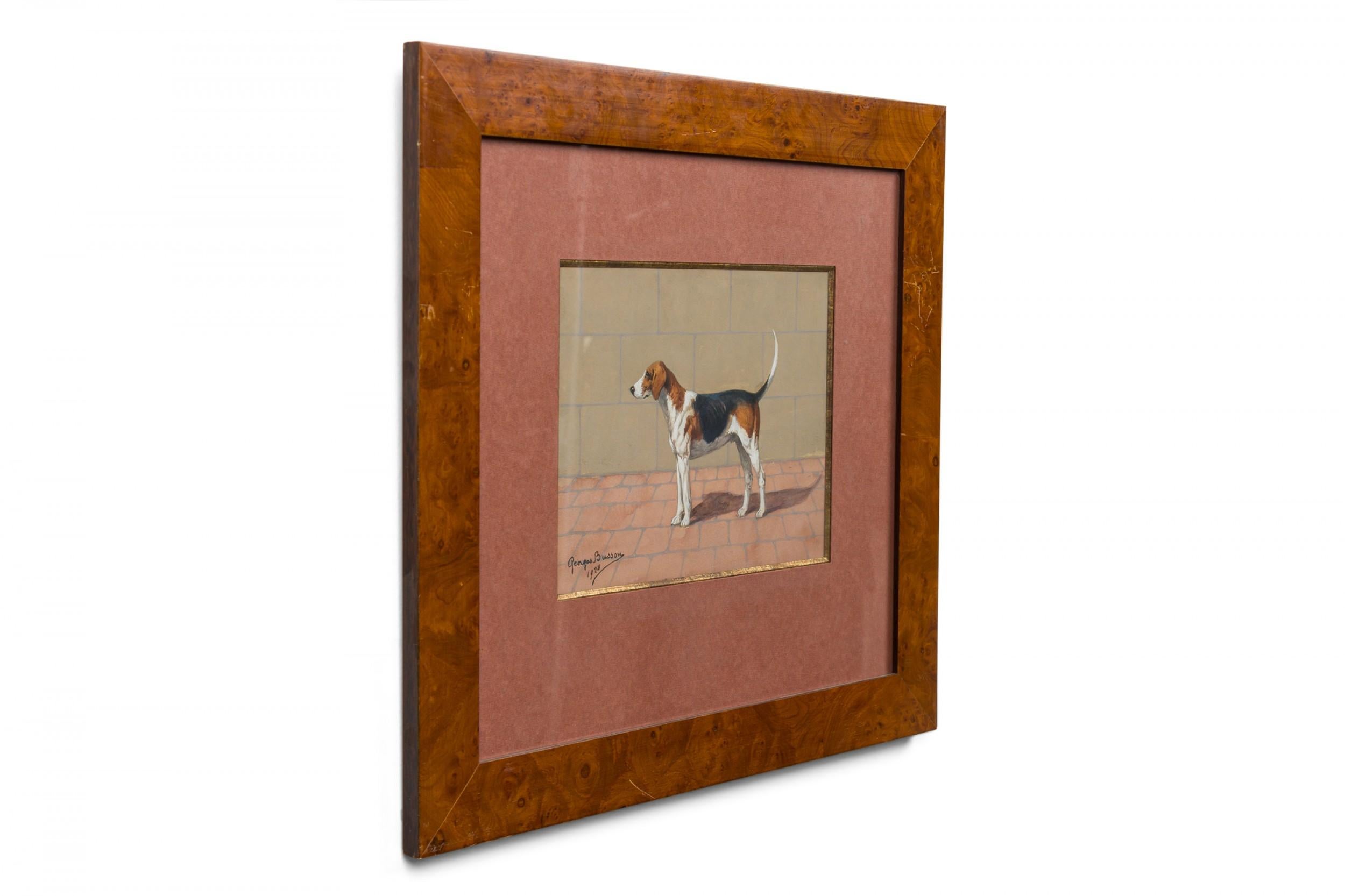 Georges Busson Art Decó Perro Beagle Acuarela en un Marco de Madera de Burl siglo XX en venta