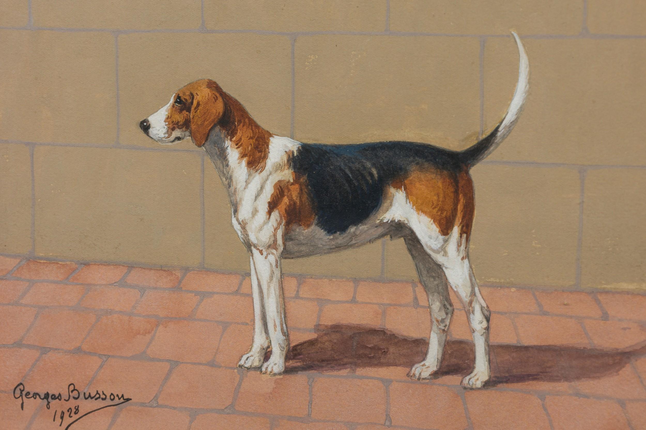 Georges Busson Art Decó Perro Beagle Acuarela en un Marco de Madera de Burl Pintura en venta