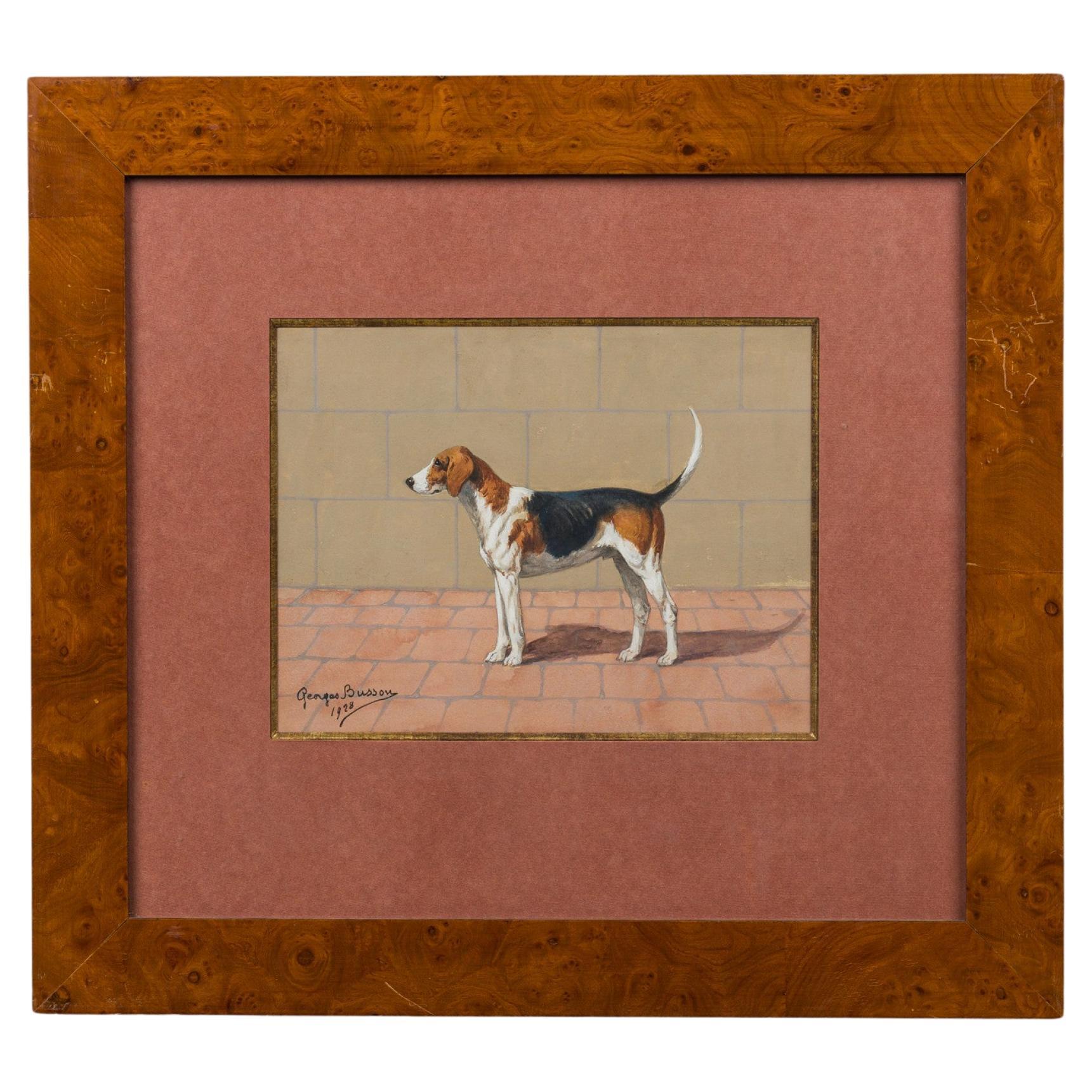 Georges Busson Art Decó Perro Beagle Acuarela en un Marco de Madera de Burl en venta