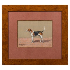 Aquarelle Art déco représentant un chien d'aigle dans un cadre en bois de ronce de Georges Busson