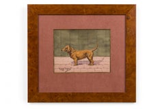 Georges Busson Art Deco Brown Dachshund Dog Watercolor in a Burl Wood Frame