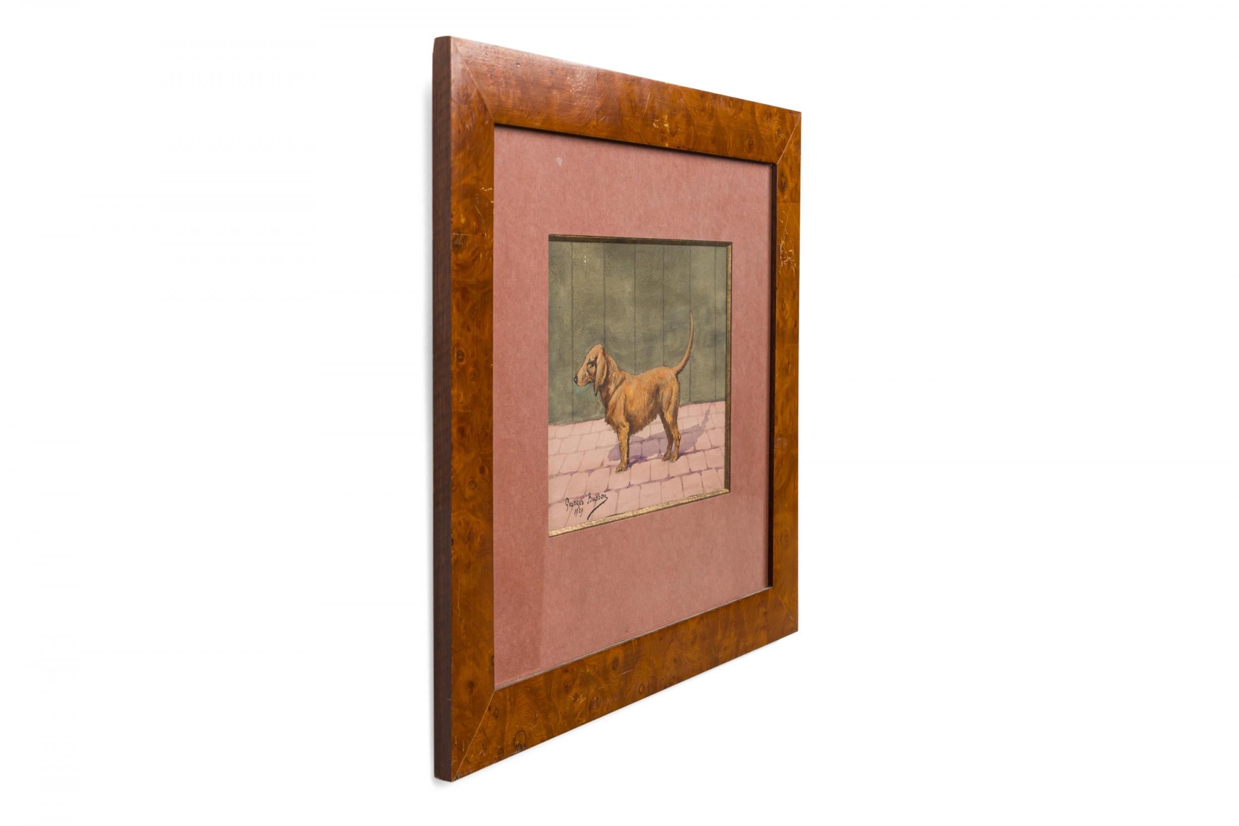 Georges Busson Art Decó Perro salchicha marrón Acuarela en marco de madera de nudo Hecho a mano en venta