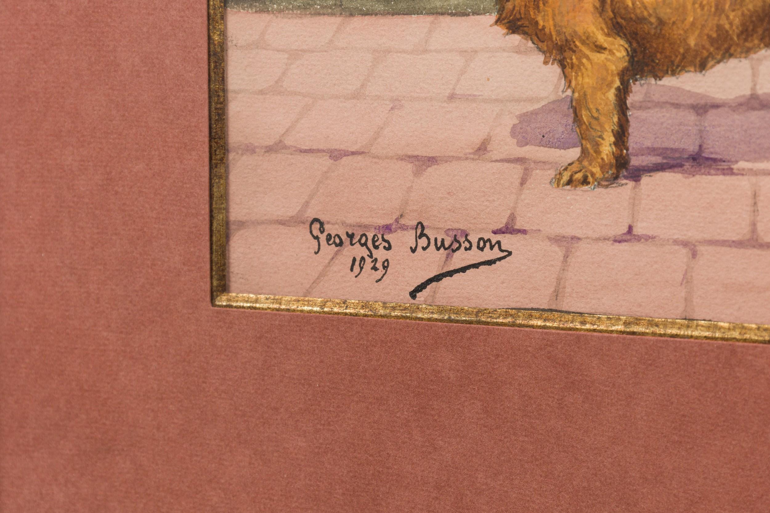 Georges Busson Art Decó Perro salchicha marrón Acuarela en marco de madera de nudo Pintura en venta