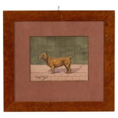 Aquarelle de Georges Busson Art Déco sur un chien teckel brun dans un cadre en bois de ronce