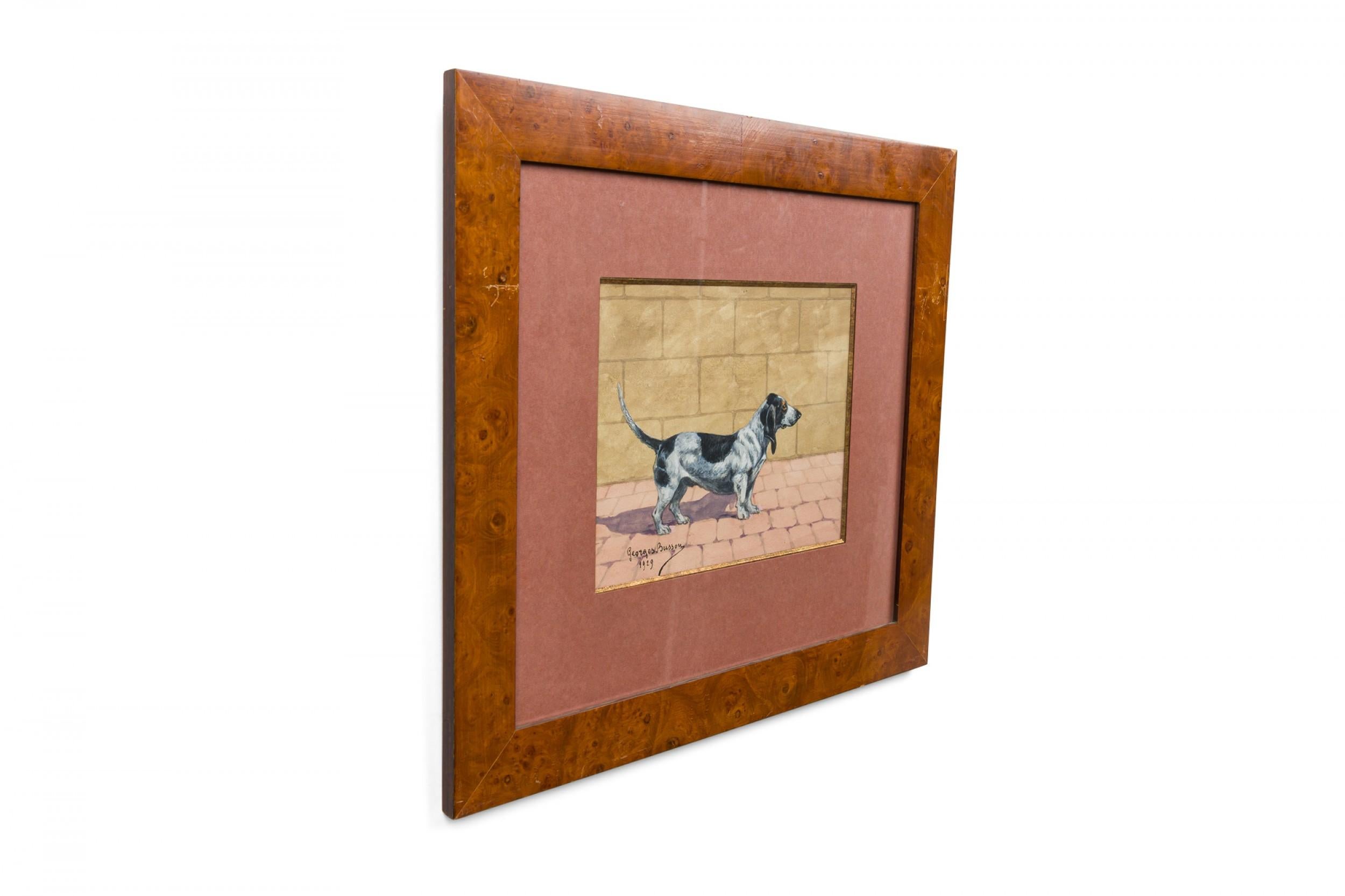 Georges Busson Art Decó Perro salchicha Acuarela en marco de madera de nudo en Bueno estado para la venta en Queens, NY