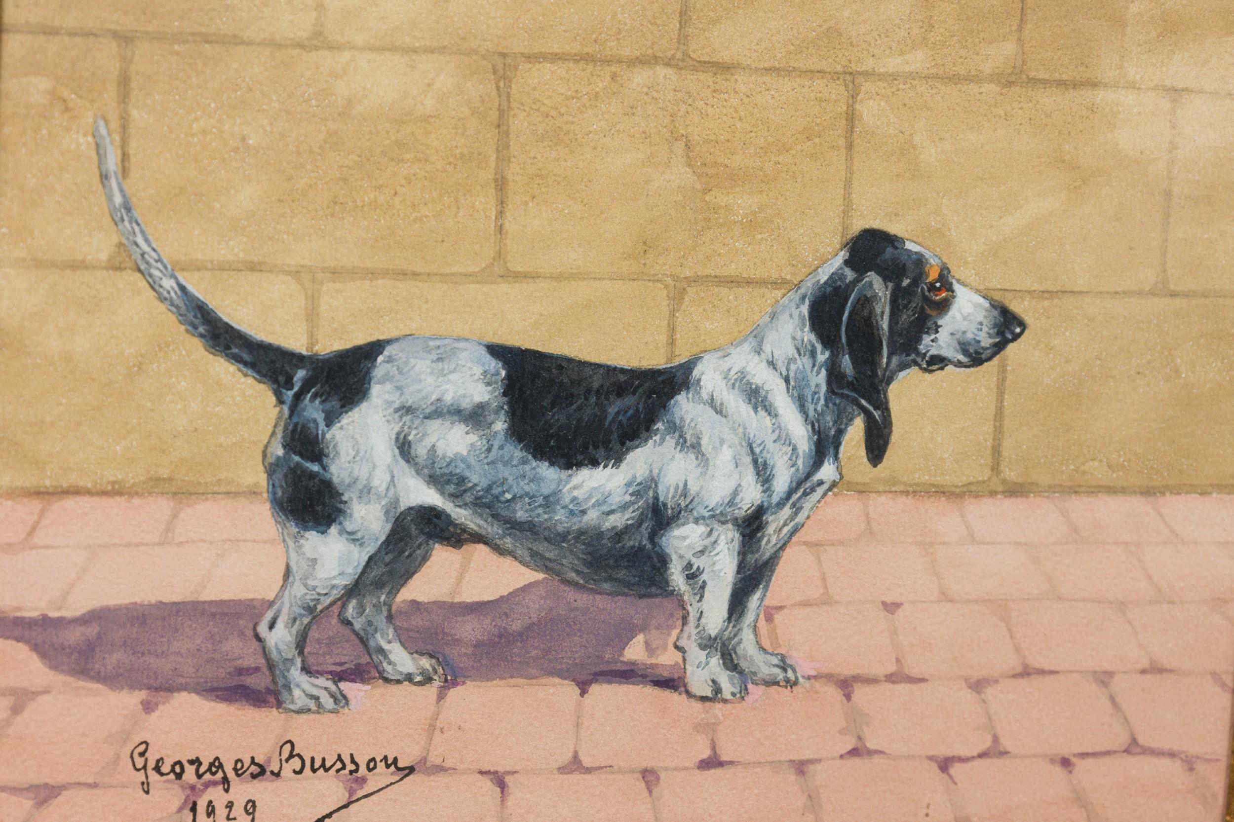 Georges Busson Art Decó Perro salchicha Acuarela en marco de madera de nudo Pintura en venta