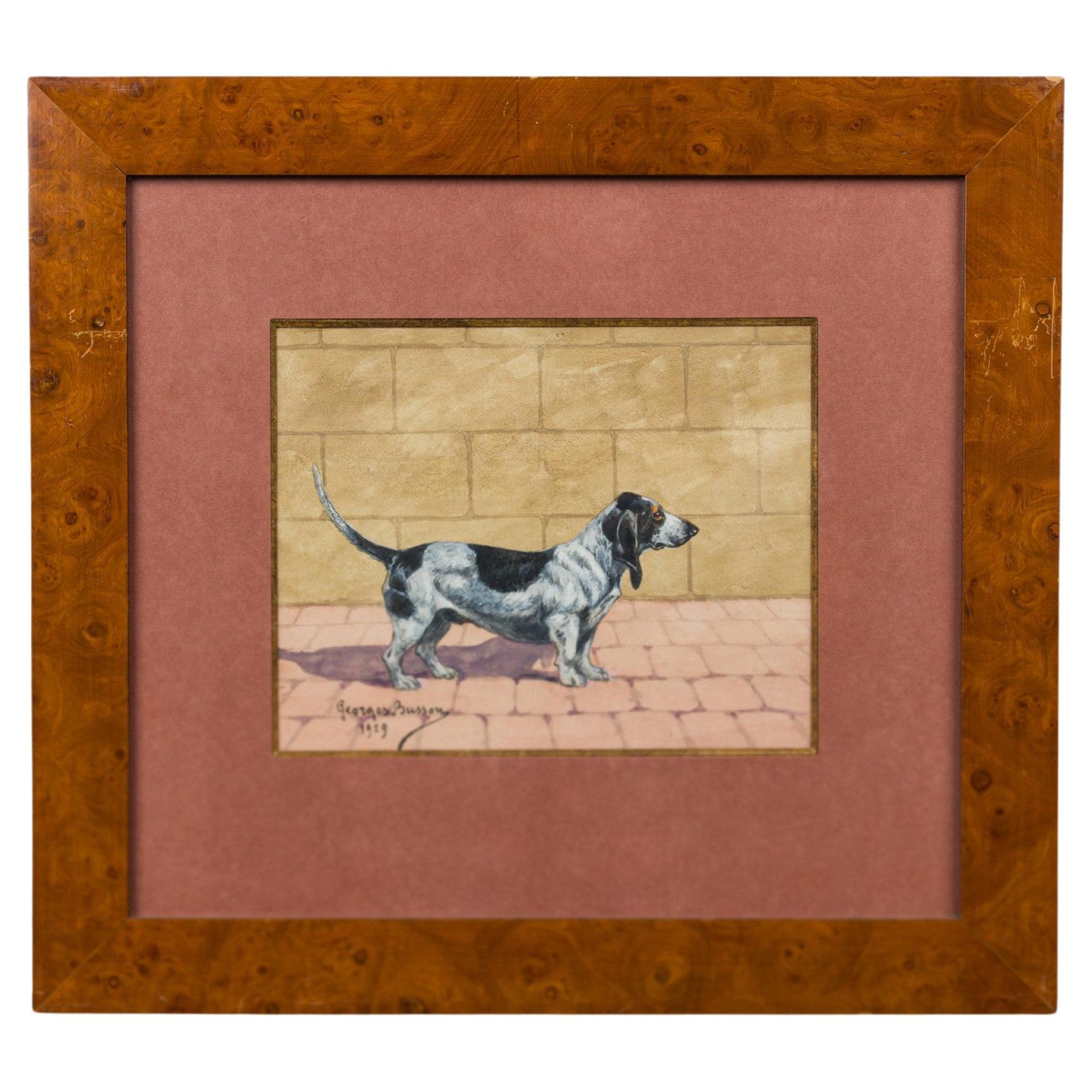 Georges Busson Art Decó Perro salchicha Acuarela en marco de madera de nudo