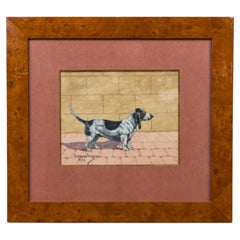 Aquarelle Art Déco Dachshund Dog dans un cadre en bois de ronce de Georges Busson