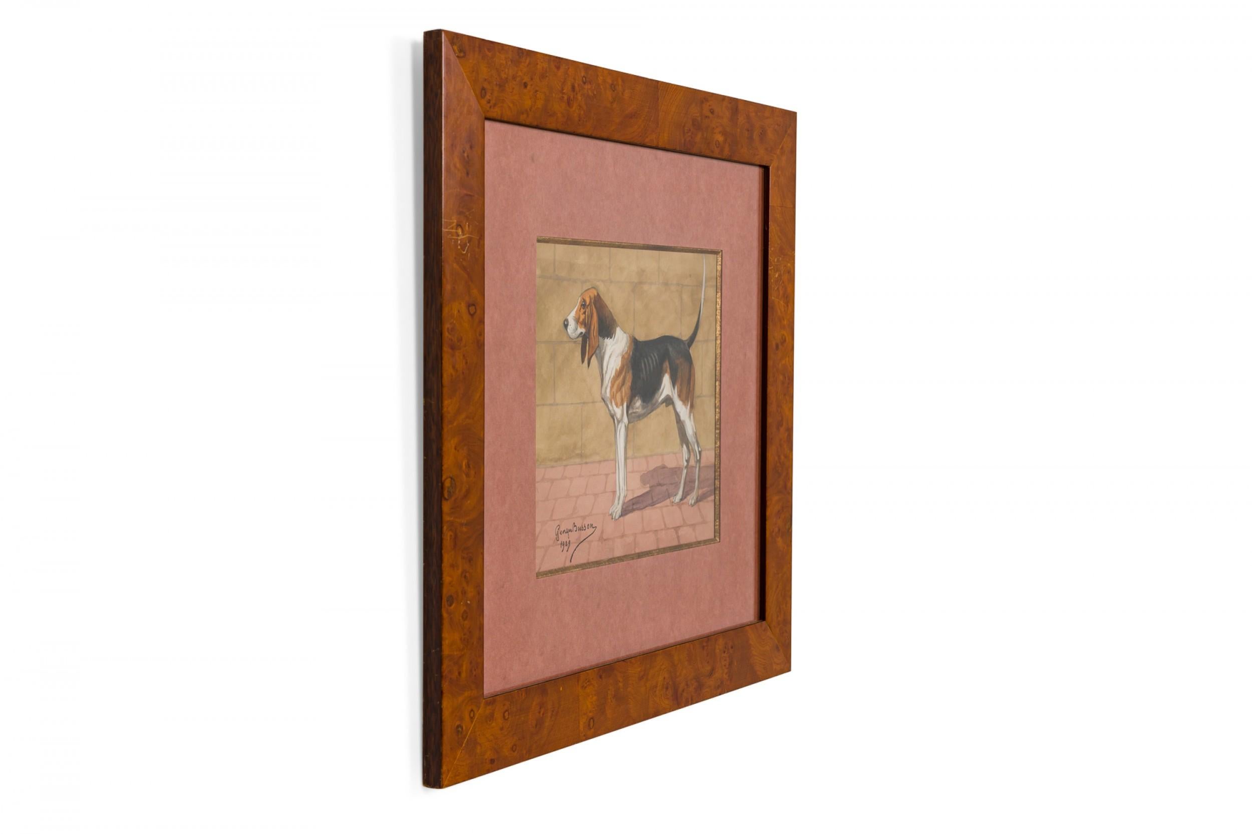 Art Déco Acquerello di cane volpino in stile Art Deco di Georges Busson con cornice in legno di radica in vendita