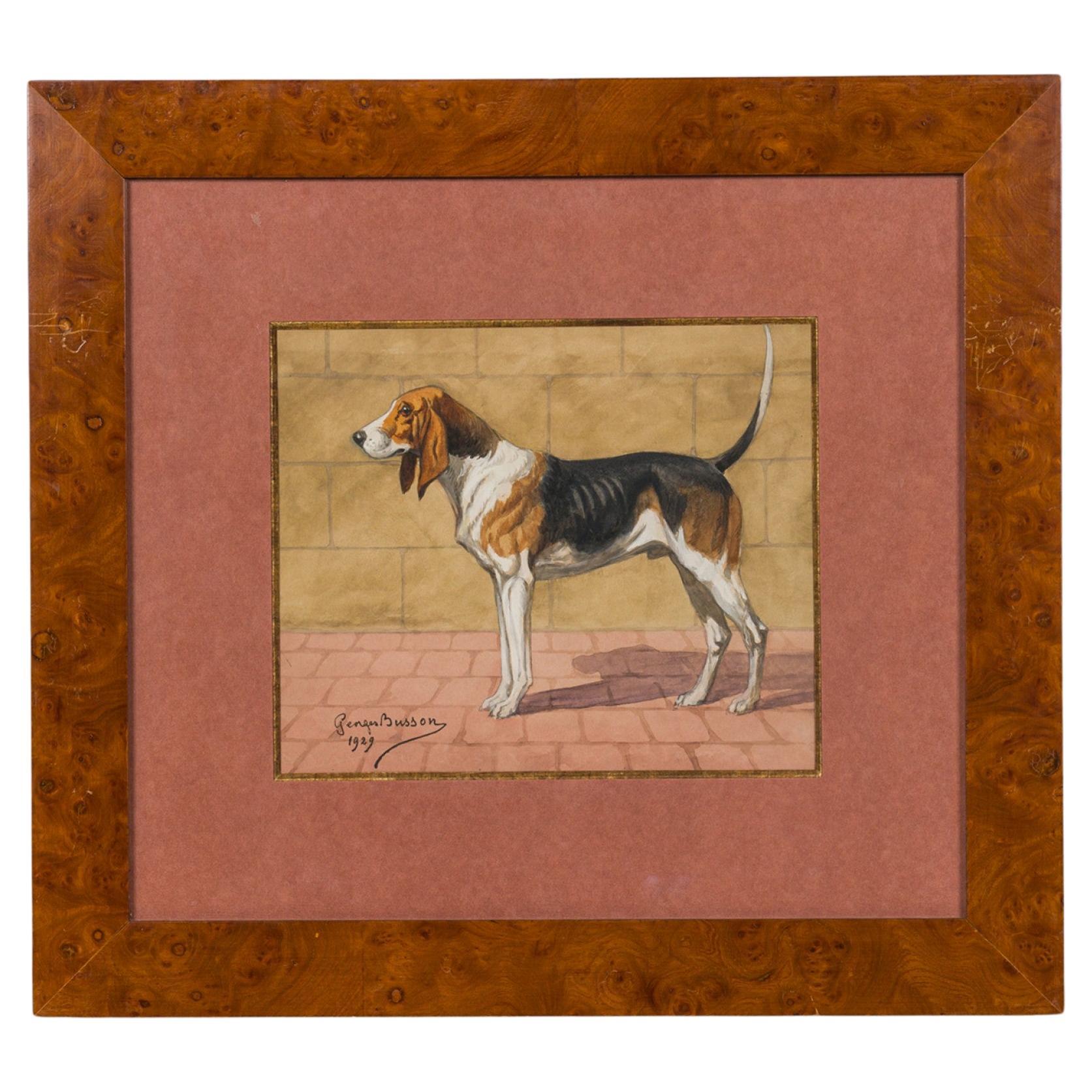 Georges Busson Art Decó Perro Foxhound Acuarela en un Marco de Madera de Burl